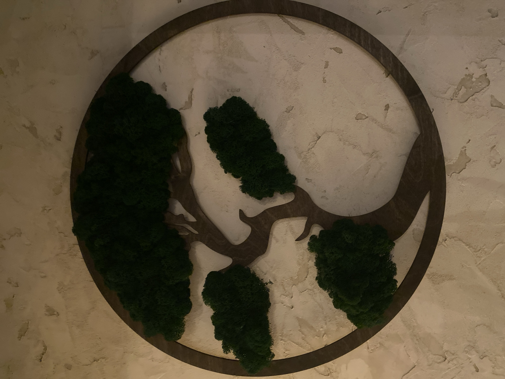 The image shows a circular wall decoration made of wood and preserved green moss, resembling a stylized tree or bonsai. The wooden elements form the trunk and branches, with the moss creating the foliage. The background is a textured wall with a light, off-white color. The lighting suggests an indoor setting, possibly a restaurant or cafe. There are no people or animals visible in the image. The specific location in Ivanteyevka, Russia, is not discernible from the image itself.