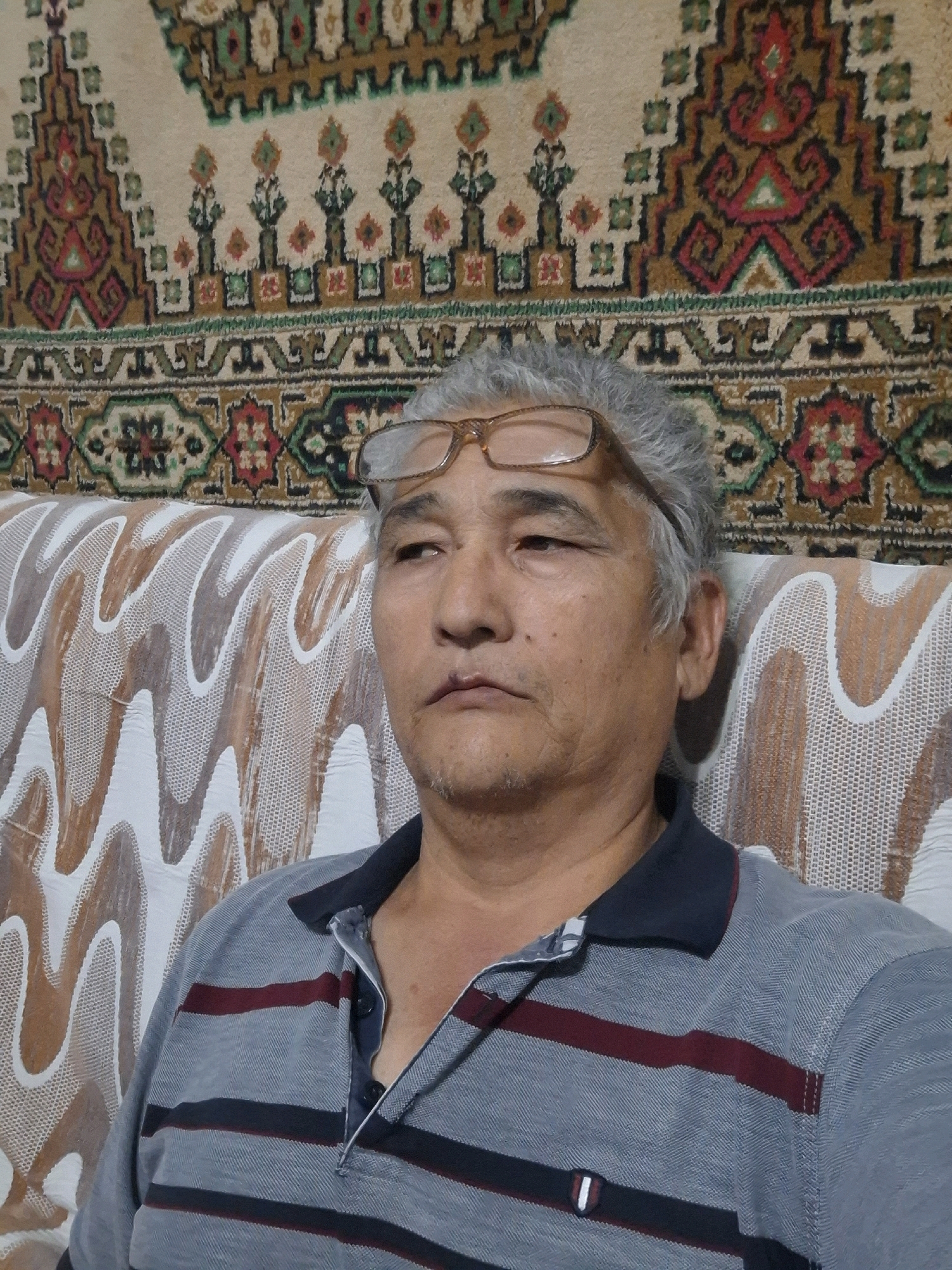A medium shot, eye-level, indoor portrait of a middle-aged man of East Asian descent with grey hair, wearing glasses perched on his forehead, and a grey polo shirt with red and black stripes. He is seated on a sofa with a patterned upholstery, and behind him is a tapestry with intricate geometric and floral designs. The man's gaze is directed slightly downwards and to his left. The lighting appears to be from an unseen source to the front and slightly above the subject. The background tapestry and sofa suggest a home environment. The image does not contain any specific landmarks or features that would allow for precise identification of the location within Almaty, Kazakhstan.