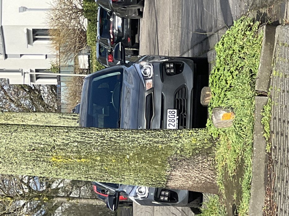The scene depicts an outdoor urban environment in Würselen, Germany, under clear daylight conditions. A prominent tree trunk, covered in light green lichen, stands in the left foreground, partially obscuring the front of a dark gray Kia passenger vehicle. The Kia's front license plate is partially visible, displaying the numbers "2808". Its headlights are illuminated. The base of the tree is surrounded by green ground cover and grass, separated by a concrete curb from a paved surface where the vehicle is parked. Within the green patch, two small, cut wooden posts are present; one post exhibits an orange reflective marking. To the right and behind the Kia, several other vehicles are parked, including a dark-colored SUV. In the background, bare deciduous trees are visible, along with multi-story buildings featuring light-colored facades and dark window frames.