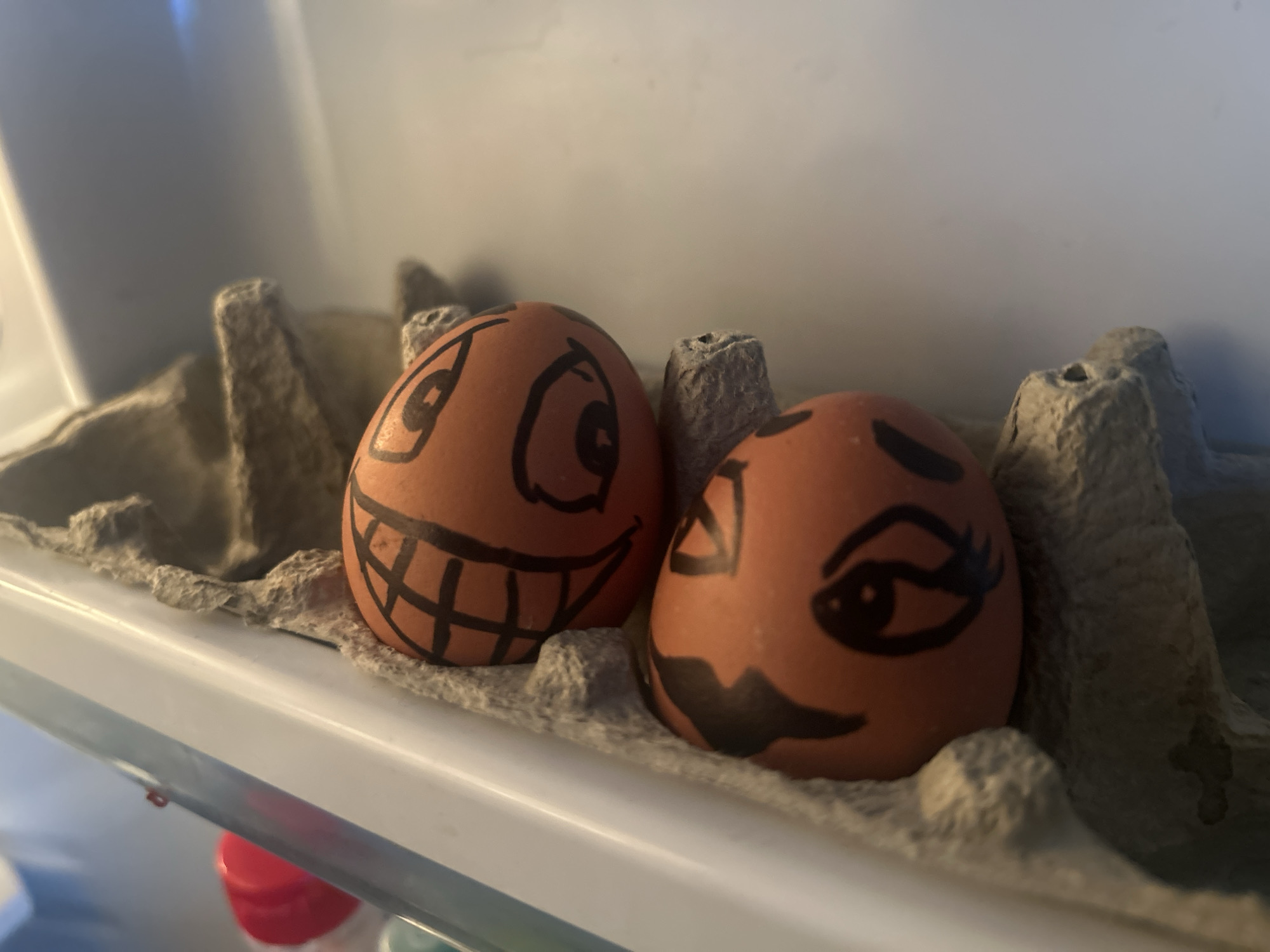 Two brown eggs, each with a different face drawn on them in black ink, sit side-by-side in a gray cardboard egg carton. The egg on the left has a wide grin with many square teeth, while the egg on the right has an expressive eye with long eyelashes and a curved line below, likely intended as a mouth. The carton is positioned on a white shelf inside of a refrigerator.