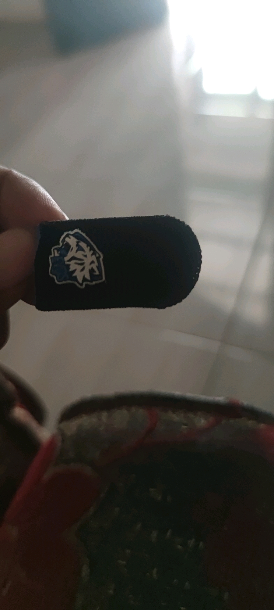 An image shows a close-up of a black fabric patch with a blue and white emblem of a lion's head. The patch is held between two fingers of a person, and the background is blurred with light and shadow, suggesting an indoor setting. Below the patch, a blurred object with red and dark green colors is visible, possibly part of an object or surface. The overall scene is out of focus, with the patch being the clearest element. There is no information in the image to suggest a location in Gambarsari, Indonesia.