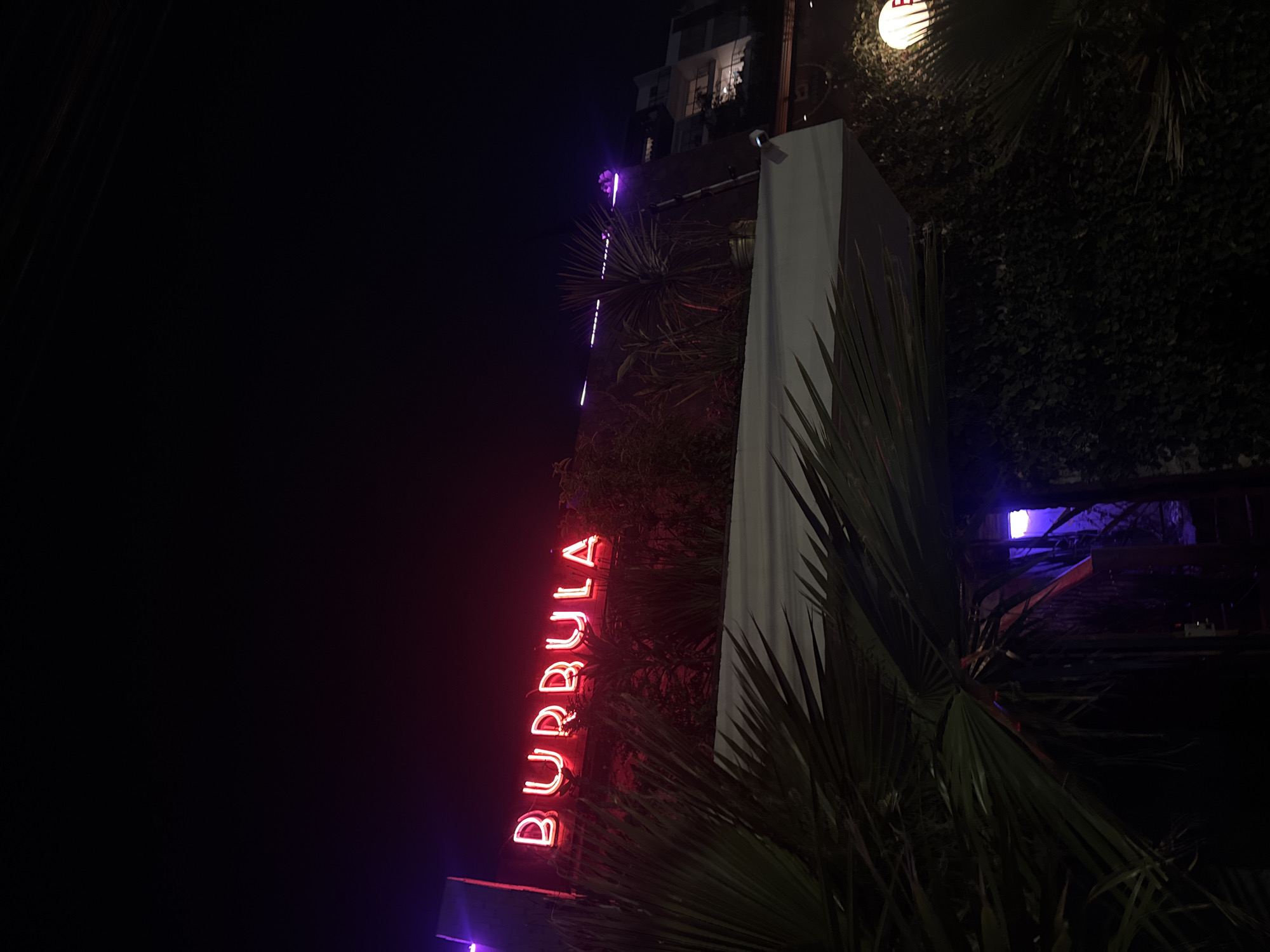 At night, a low-angle shot captures the neon sign "BURBULA" in red, set against the dark sky. The sign is mounted on a building facade that is partially obscured by greenery, including what appears to be palm trees. Above and to the right of the sign, a white, tall structure stands beside the vegetation. Above this structure, a light fixture casts a warm glow. A string of purple lights ascends the building to the left of the white structure. Deeper in the background, the upper portion of a building is visible, with what seems to be a security camera affixed to the side. The scene is dark, but the vibrant neon and strategic lighting provide illumination. The location is in Puebla, Mexico.