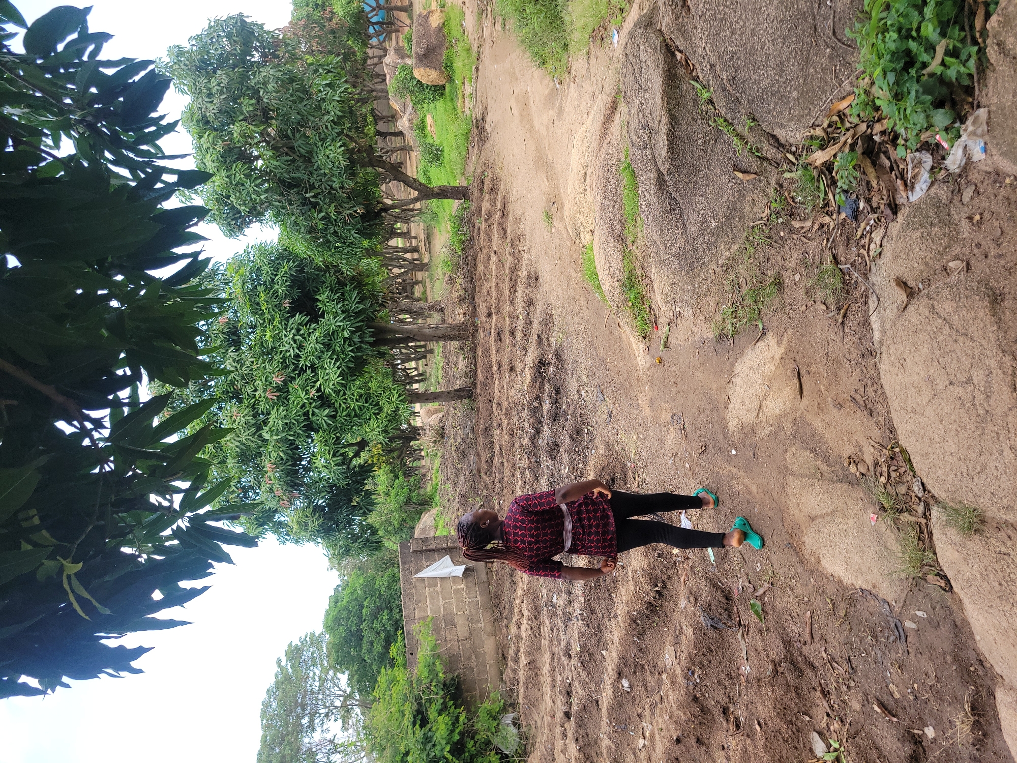 In Jos, Nigeria, a young woman with braided hair walks away from the camera on a dirt path. She is wearing a dark patterned shirt with a white belt and black leggings, paired with green sandals. The path leads through a somewhat neglected area with a dirt field to her left, marked with rows of tilled earth. To her right, large boulders are scattered across the landscape, interspersed with dry grass and some green foliage. In the background, a grove of mango trees creates a dense canopy, with a low brick wall visible near the left edge of the frame, topped with a white flag or cloth. The sky above is overcast.