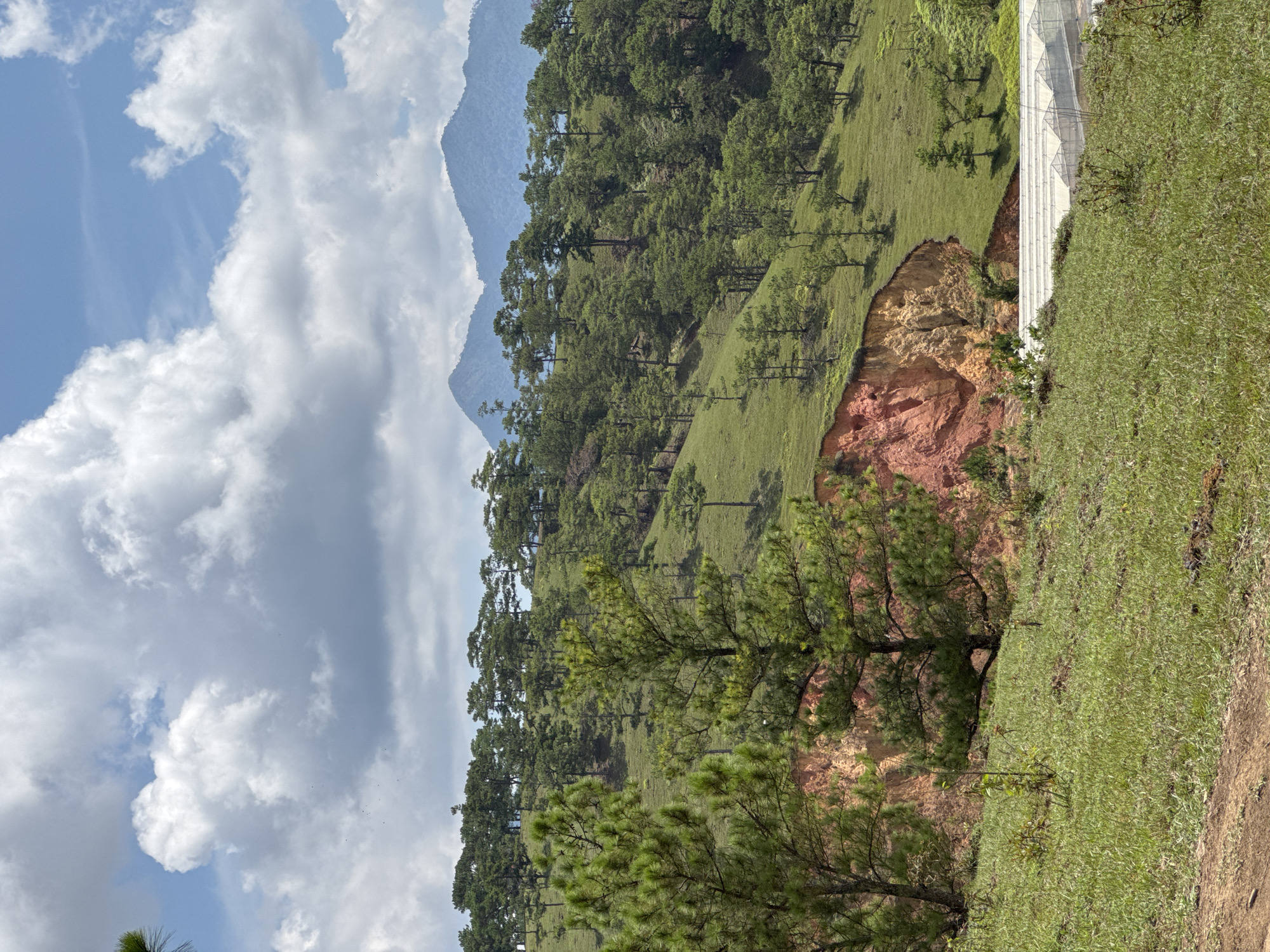 The scene is a landscape photograph taken in Lạc Dương, Vietnam. A mountain range appears in the background, partly obscured by trees. A grassy hill slopes down towards the foreground, showing a bare, reddish-brown soil patch in the middle ground. Trees are scattered on the hillside. On the upper right, there is a white structure that appears to be some type of staircase or architectural feature. The sky, covering the left side of the image, is filled with cloudy formations, with hints of blue sky peeking through.