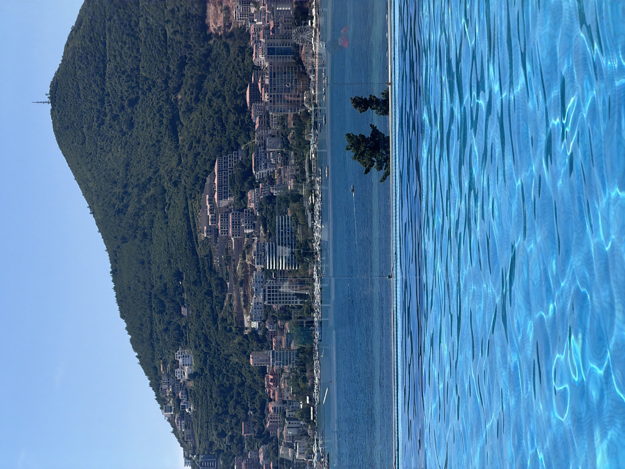 The image shows a view from an infinity pool looking out over the Adriatic Sea towards the city of Budva, Montenegro. The foreground is dominated by the shimmering blue water of the pool. Beyond the pool, a clear glass barrier separates it from a body of blue water, likely the sea, where several boats are docked and moving.
In the middle ground, the cityscape of Budva is visible, built along the coastline and climbing up a steep, green, tree-covered mountain. Numerous buildings, ranging from hotels to residential structures, are scattered across the hillside. The architecture appears modern, with many buildings featuring light-colored facades and red-tiled roofs. A prominent feature on the mountain's summit is a telecommunications tower.
Two dark green trees stand near the foreground on the land between the pool and the sea, adding a touch of nature to the scene. The sky above is a clear, bright blue. The overall impression is one of a luxurious resort overlooking a coastal city and the sea.