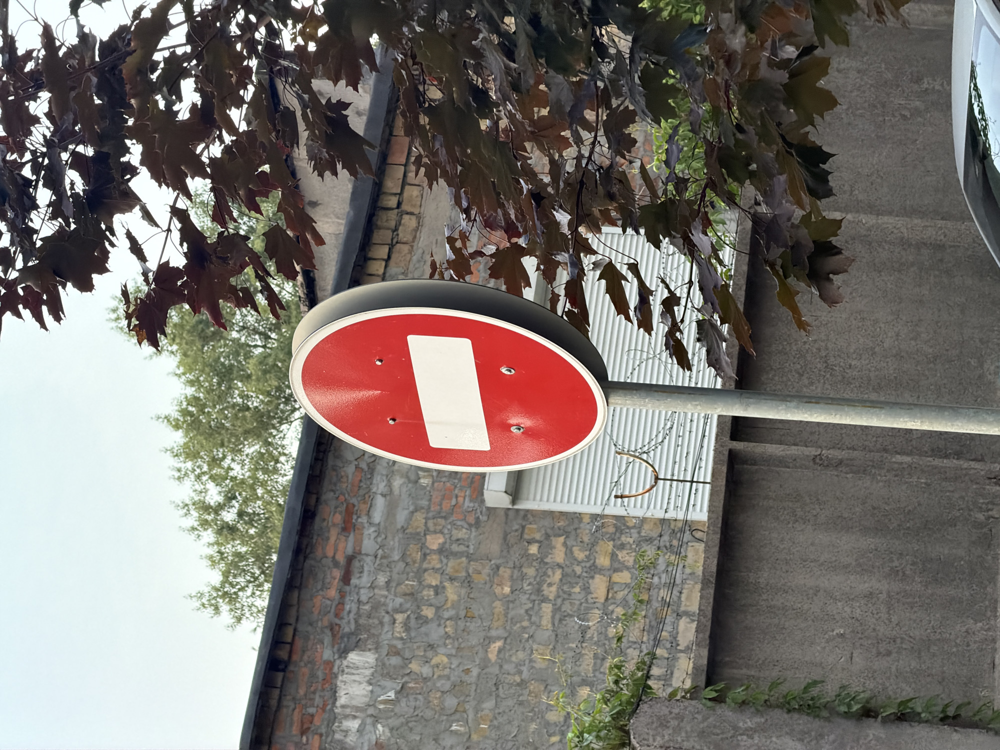 The image depicts a "Do Not Enter" traffic sign with a white horizontal bar on a red circular background, mounted on a grey pole. The sign is positioned in front of a weathered brick and stone wall. Behind the wall, a rolling shutter is visible. A concrete wall runs along the foreground, with some green vines growing on it. Barbed wire is strung along the top of the concrete wall. To the right of the sign, a tree with dark red leaves partially obscures the background. The sky above is overcast. The scene appears to be in an urban setting, likely in Kyiv, Ukraine, given the architecture and the presence of typical urban infrastructure like traffic signs and walls. There are no people visible in the image.