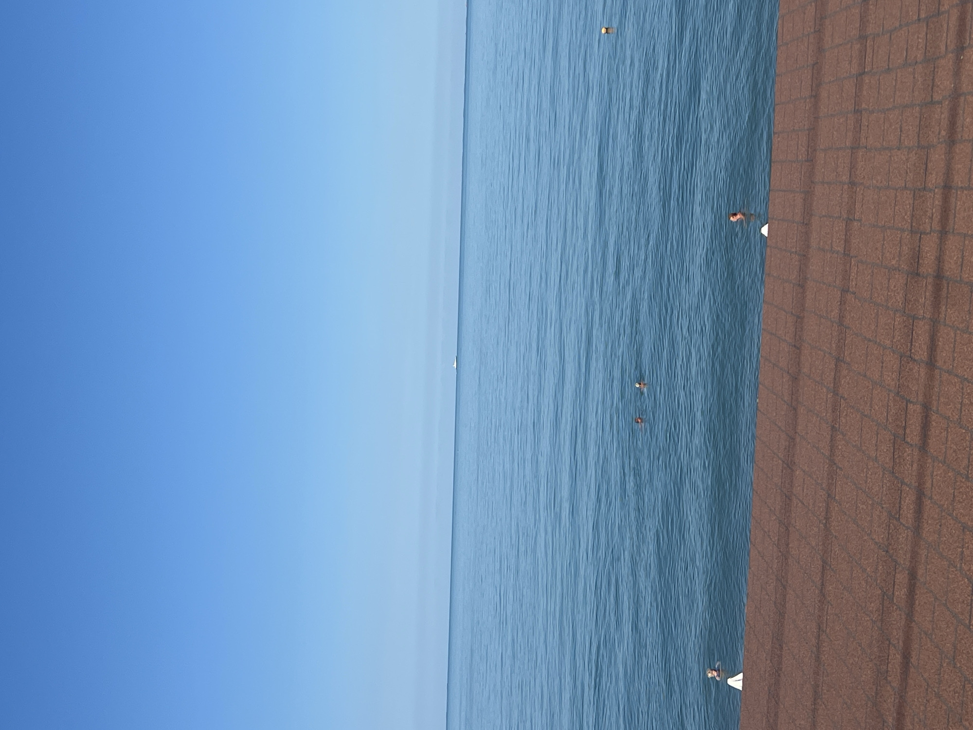 This is a photograph taken from a rooftop overlooking the Black Sea in Sochi, Russia. The sky is a clear, bright blue, and the sea is a calm, deep blue with gentle ripples. The horizon is visible in the distance, with a small white boat in the far right. In the mid-ground, several people are swimming in the sea. In the foreground, a textured brown surface, likely a rooftop or deck with brick-like tiling, is visible. A few white objects, possibly buoys or markers, are partially submerged in the water near the foreground. There is also a yellow buoy in the water on the right side of the frame.