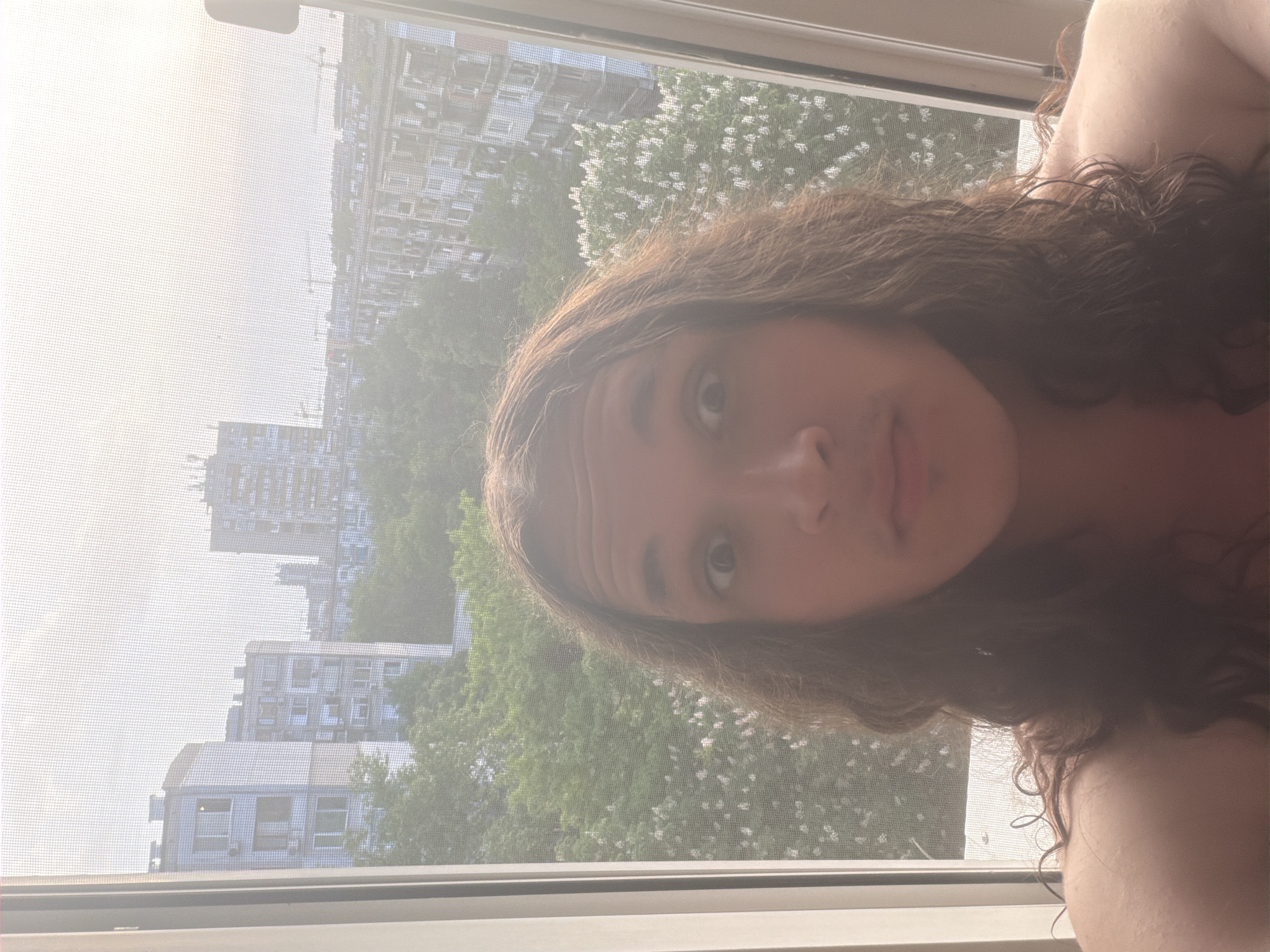 A selfie-style photograph shows a person with long, wavy brown hair, positioned in front of a window. The window is covered with a screen, through which a cityscape is visible. The cityscape appears to contain buildings and trees. Based on the visible architecture and foliage, the location may be Plovdiv, Bulgaria. The person is positioned close to the camera, with their face partially obscured by the lighting and the screen. The focus is on the person's face and the view outside the window.