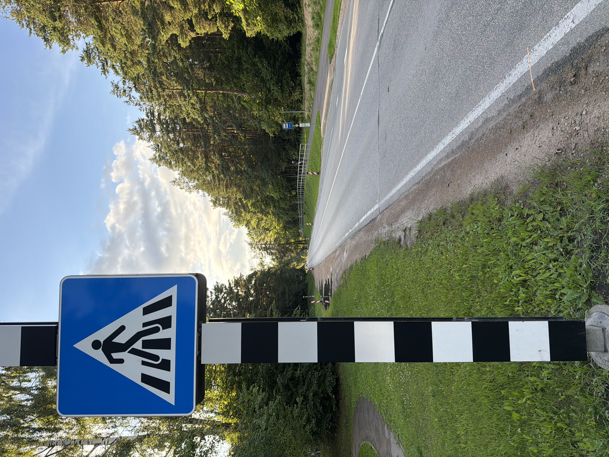 A pedestrian crossing sign with a blue background and a white triangle depicting a black pedestrian is mounted on a striped black and white post. The sign is positioned next to a paved road that curves to the right. The road is bordered by a grassy verge and a dense forest of pine trees. The sky above is partly cloudy. In the background, there is a bus stop sign. The scene is likely located in a suburban or rural area of Ulbroka, Latvia, given the presence of a bus stop and the natural surroundings.