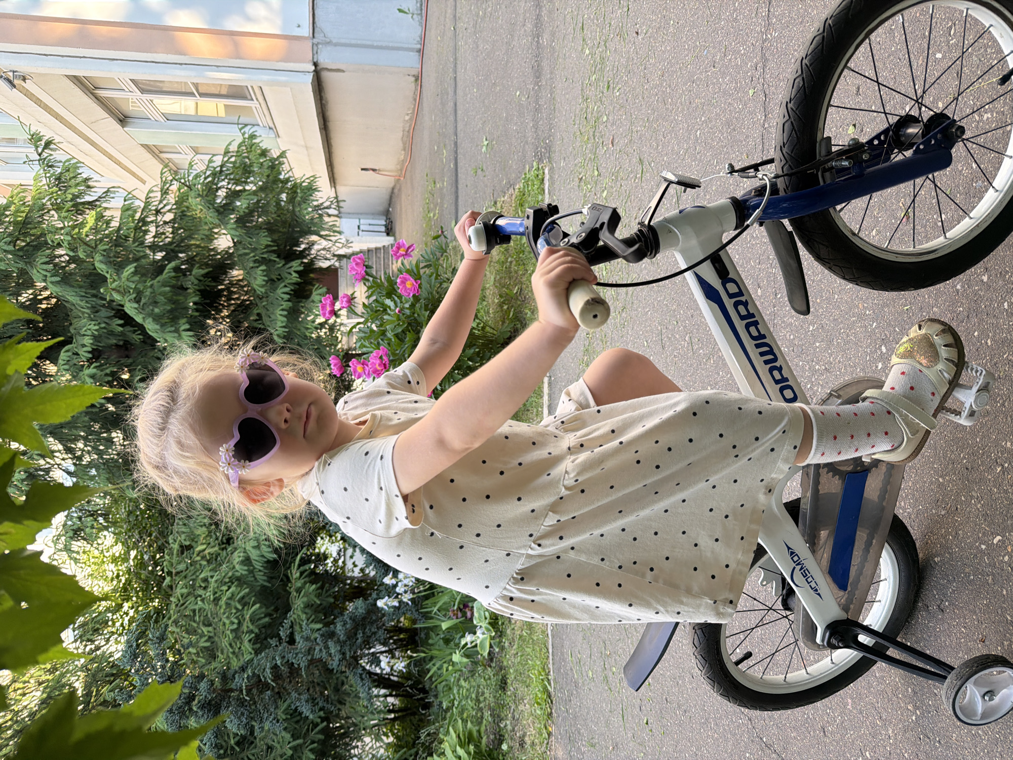 A young girl with blonde hair is sitting on a bicycle with training wheels. She is wearing a light-colored dress with black polka dots, white socks with red strawberry patterns, and gold sandals. She is also wearing pink heart-shaped sunglasses with white flower embellishments. The bicycle is white and blue and has the word "FORWARD" written on the frame. The girl is looking at the camera with a serious expression. She is outdoors in what appears to be a residential area, with trees, bushes, and a building in the background. The ground is paved, and there are some leaves scattered on it. The building in the background is light-colored with windows and a pale pink trim.