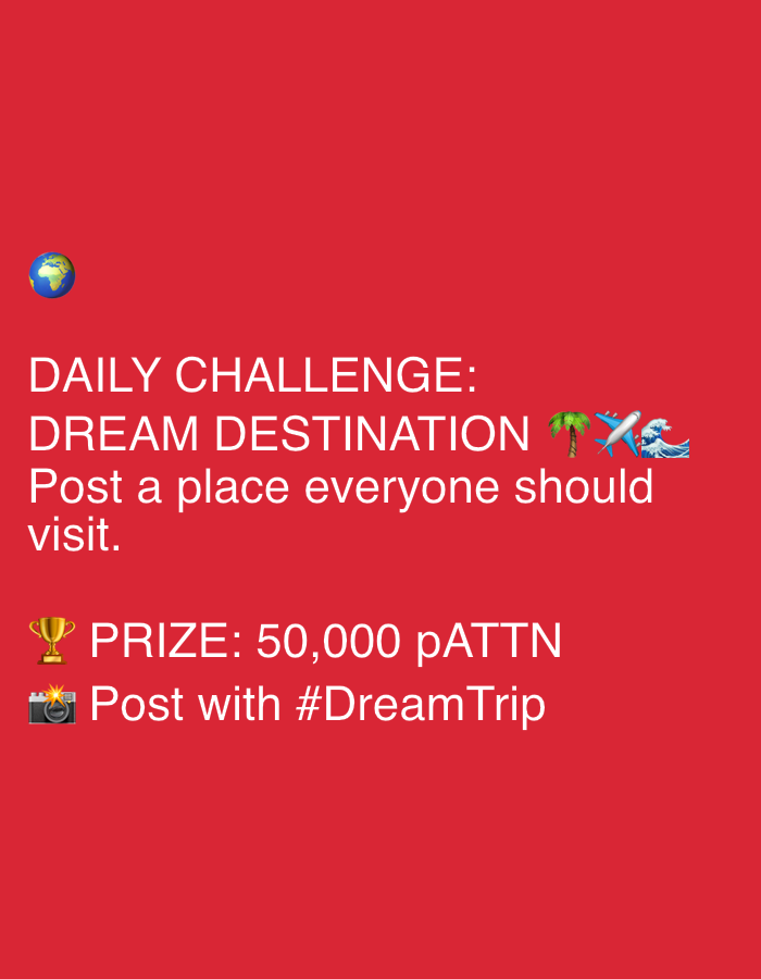 The image is a red graphic with white text and emojis. The text reads: "DAILY CHALLENGE: DREAM DESTINATION Post a place everyone should visit. 🏆 PRIZE: 50,000 pATTN 📸 Post with #DreamTrip". Emojis include a globe, a palm tree, an airplane, ocean waves, a trophy, and a camera. There is no depiction of the city of Ruse, Bulgaria in this image.
