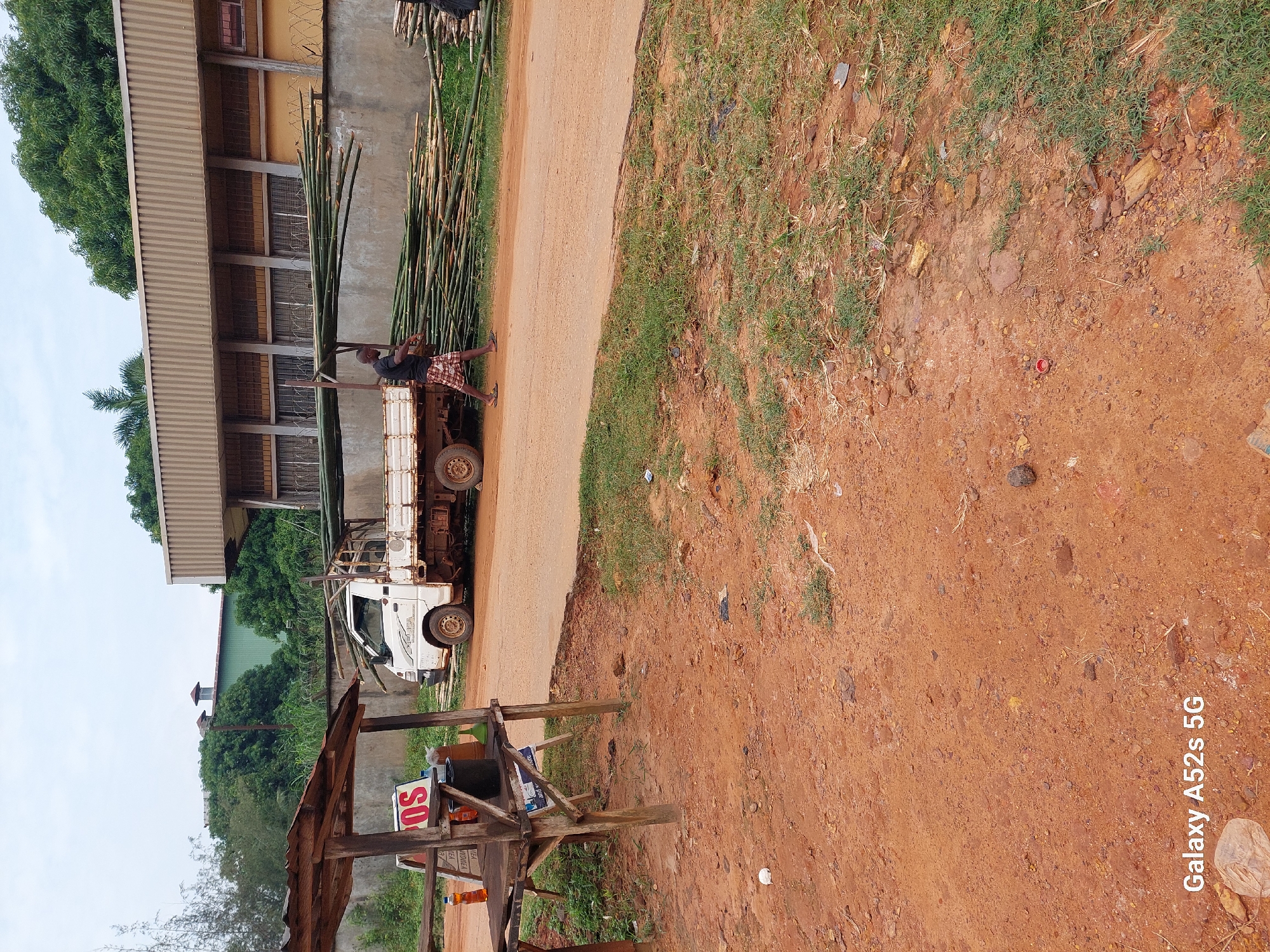 The image depicts an outdoor scene in Umudioka, Nigeria. In the foreground, a dusty, reddish-brown dirt road is visible with patches of dry grass and some scattered debris. To the left, a makeshift wooden stall with a corrugated iron roof stands by the roadside. On the stall's surface, there are a few bottles, a black container, and a green funnel. Behind the stall, a white flatbed truck is parked. A man, wearing a dark shirt and a checkered cloth around his waist, is walking away from the truck. The truck is loaded with a large quantity of long, green bamboo stalks that extend past the back of the vehicle. In the background, a long, beige building with rows of windows and a striped facade stretches across the frame. A concrete wall topped with barbed wire runs along the front of the building. Lush green trees and foliage are visible behind the building and around the scene. The sky is overcast, suggesting a cloudy day.