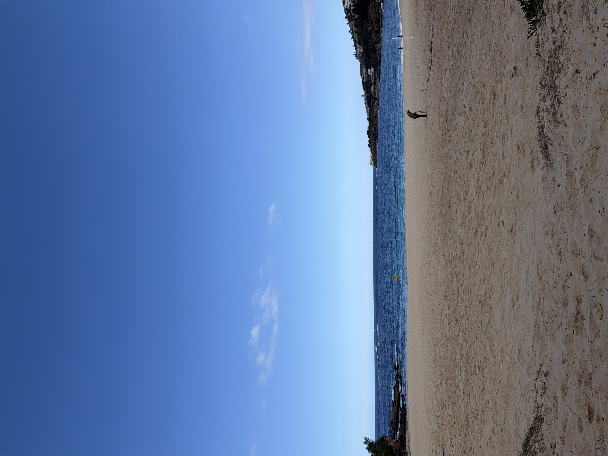 A wide-angle shot of Coogee Beach in Coogee, Australia, on a clear, bright day. The sky is a vibrant, cloudless blue, dominating the upper half of the frame. Below the sky, the deep blue ocean meets the shore, with gentle waves lapping against the golden sand. On the left, dark, rocky outcrops are visible, with a small patch of greenery on the cliff face. Further along the coastline, the beach curves around to a rocky headland dotted with houses and trees, indicative of the urban fringe of Coogee.
In the foreground, the sand is smooth and relatively undisturbed, showing subtle ripples from the wind or receding tide. A single individual is present on the beach, standing near the water's edge, appearing to be engaged in an activity such as metal detecting or beachcombing, with a tool or object at their side. Further down the beach, a yellow marker or buoy is visible in the water, and two vertical poles are situated on the sand. The overall impression is one of peaceful solitude and natural beauty.