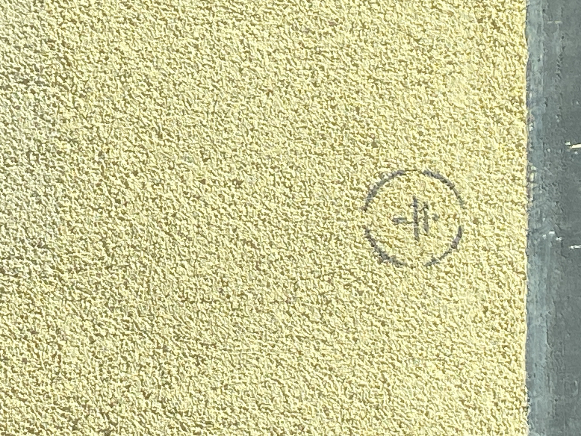 The image is a close-up view of a textured, pale yellow wall, possibly stucco or a similar material. The wall occupies most of the frame, with a vertical, darker gray object or surface along the right edge. This dark area appears to be a building edge or a window frame, casting a shadow that partially covers the yellow wall.
Superimposed on the yellow wall, slightly off-center to the right, is a circular marking in dark gray or black. Within this circle, a symbol or character is drawn, also in the same dark color. The symbol appears to be the Roman numeral "II" or a stylized "H" or "4". The markings are somewhat faded or worn, suggesting they may have been drawn some time ago.
The lighting suggests it is daytime, with a clear light source creating some subtle shadows on the textured surface of the wall. There are no people or animals visible in the image. The setting is an outdoor environment, given the natural lighting and the textured exterior wall. The presence of a building facade and potentially a window or architectural element places this scene in an urban or suburban location. Without further context, specific details about the time of day or weather are difficult to ascertain beyond the general presence of daylight. The image lacks any specific indicators of emotion. No discernible text is present, other than the symbol within the circle.