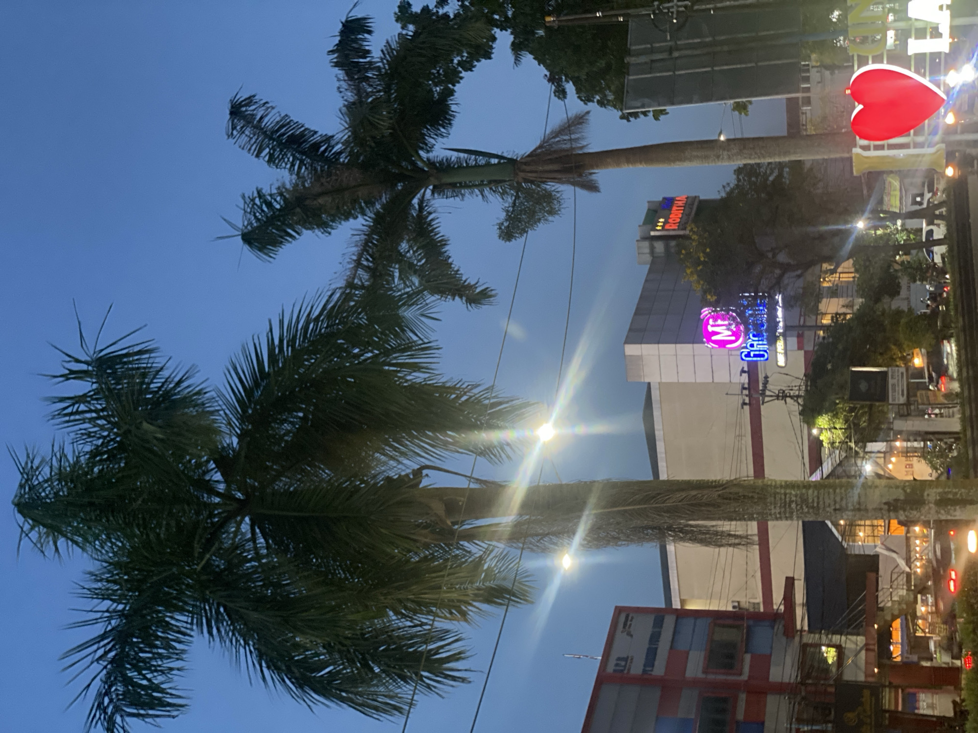 The image captures an evening scene in Banjarbaru, Indonesia, featuring two tall palm trees in the foreground against a twilight blue sky. In the mid-ground, several buildings are visible, including one with a prominent neon sign that reads "MF Garden" and another labeled "RODITHA HOTEL." The buildings are illuminated, and streetlights are on. A large red heart symbol is illuminated in the right foreground, part of a larger sign that appears to spell out "I LOVE BANJARBARU". Cars with their headlights and taillights illuminated are moving on a street in front of the buildings, indicating traffic. The overall impression is of a vibrant urban environment at dusk, with commercial establishments and ongoing activity.