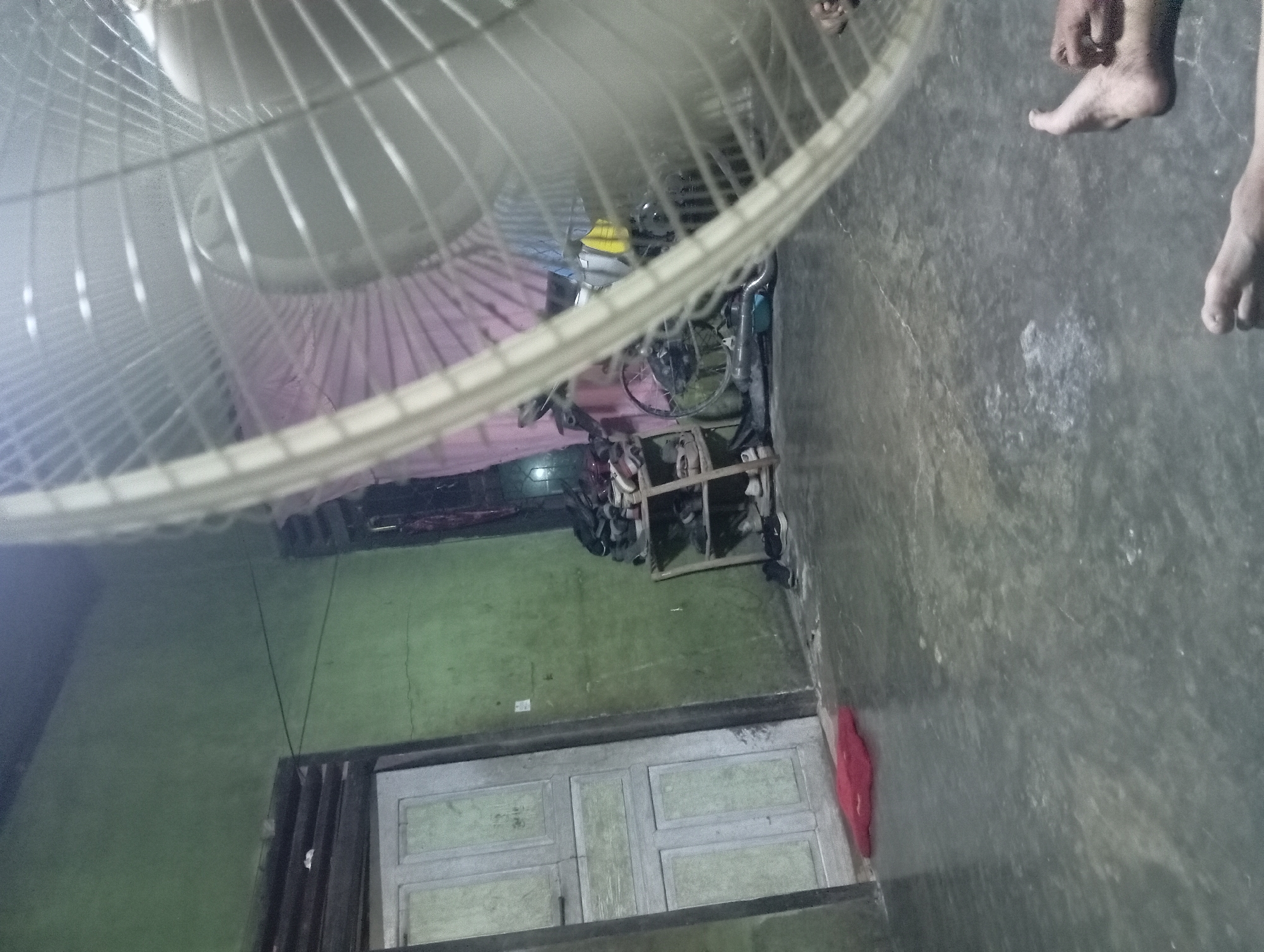 The image depicts an indoor scene, possibly a room in a home in Rejosari, Indonesia. A large, white oscillating fan occupies the foreground, partially obscuring the rest of the view. In the background, a green-painted wall is visible, with a wooden door on the left side of the frame. Next to the door, a red rug is placed on the floor. Further to the right, a multi-tiered shelf unit holds several pairs of shoes. Behind the shoe rack, a bicycle is partially visible, along with a motorcycle with a yellow accessory. The floor appears to be concrete. In the lower right portion of the image, two feet are visible, suggesting human presence. The overall lighting is dim, contributing to a slightly hazy appearance.