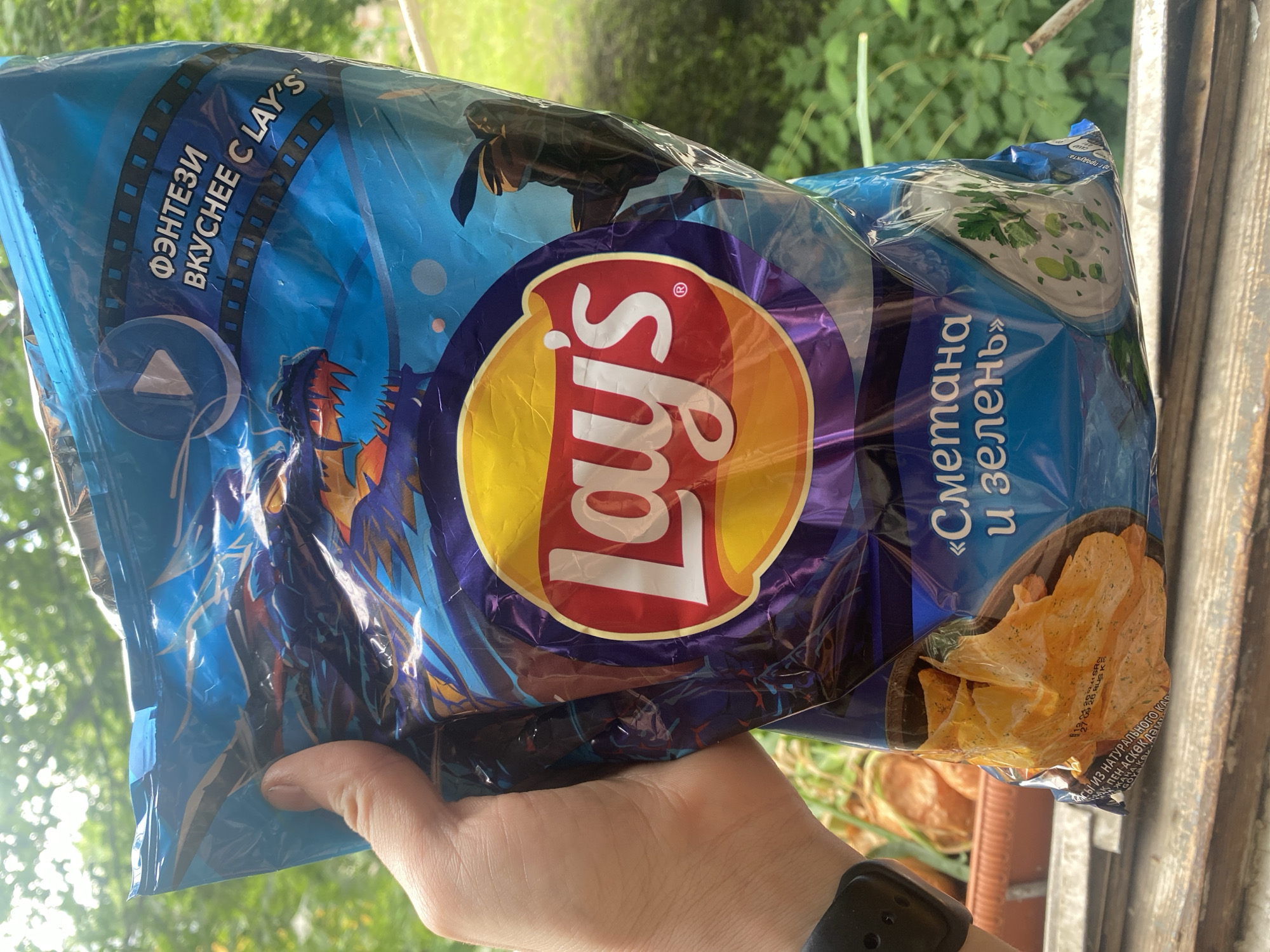 A hand holds a bag of Lay's potato chips featuring a fantasy dragon design and Russian text. The bag is blue with a large yellow and red Lay's logo. Text on the bag reads "ФЭНТЕЗИ ВКУСНЕЕ C LAY'S" (Fantasy is tastier with Lay's) and "Сметана и зелень" (Sour cream and herbs). The background is blurred green foliage, suggesting an outdoor setting, possibly a garden or park. The image has a shallow depth of field, focusing on the chip bag. The location is not Samara, Russia, as there are no visual indicators to support this.