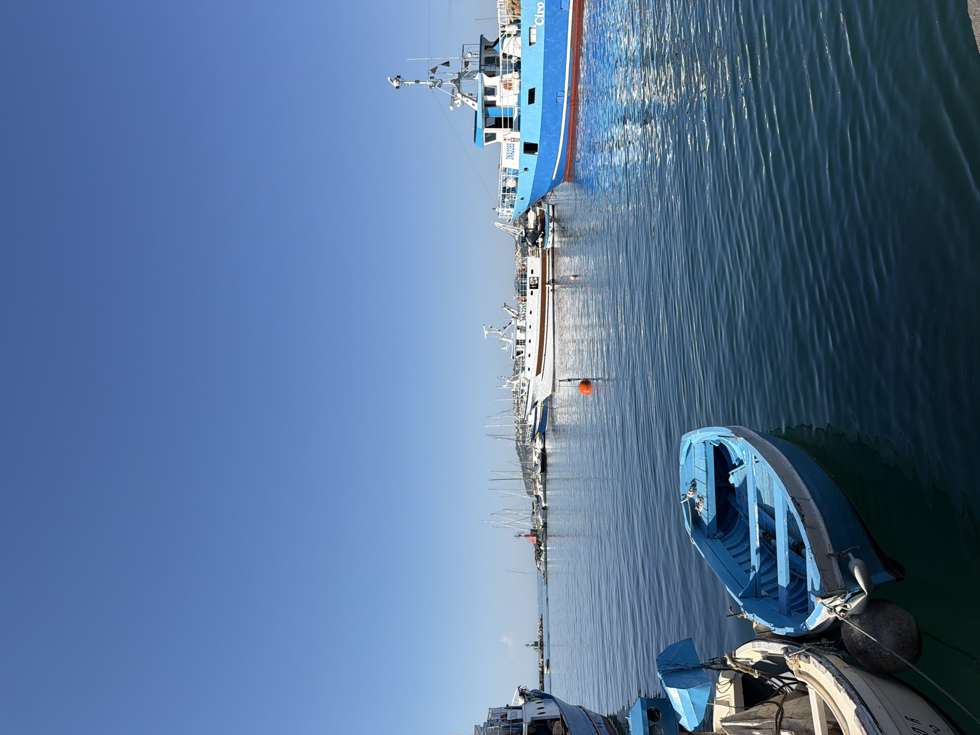 The image captures a harbor scene in Procida, Italy, showcasing a variety of boats docked in the water. Dominating the scene is a large blue boat with white superstructure, alongside a white boat, contrasting with smaller blue rowboats in the foreground. Further into the harbor, a line of sailboats extends to the horizon, where a small red and white lighthouse is visible. The sky is a clear, bright blue, suggesting a sunny day. The water surface exhibits a ripple pattern, indicating a slight breeze.