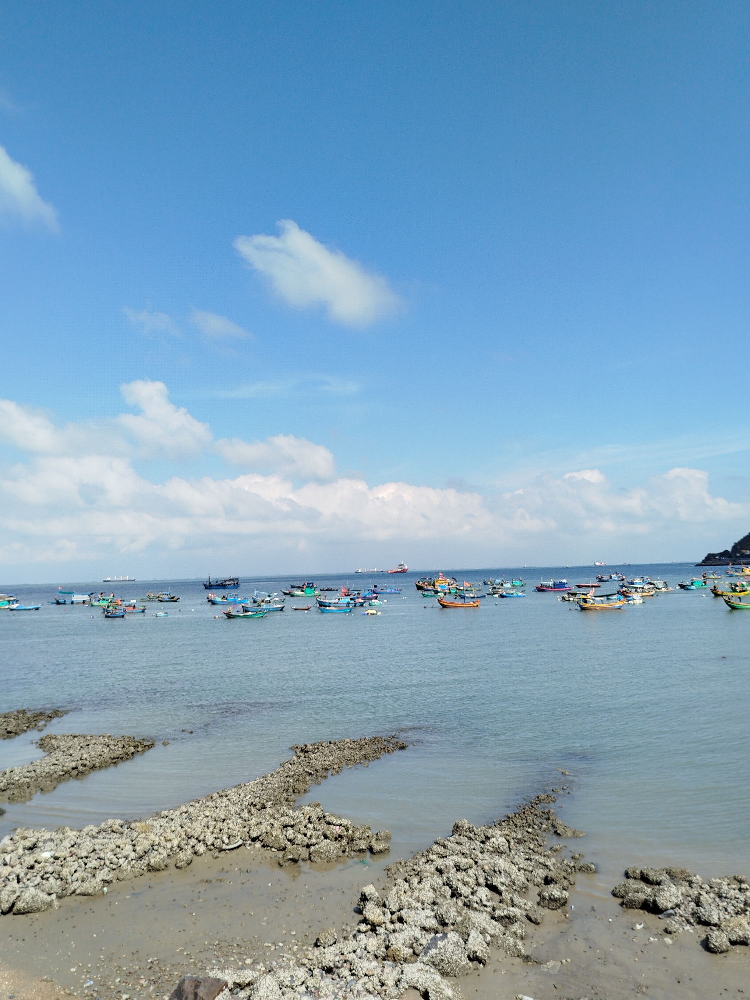 The image shows a view of a body of water, likely the sea, filled with numerous small boats. The sky is blue with scattered white clouds. The foreground features a rocky shoreline. The boats appear to be fishing vessels. In the distance, larger ships are visible. The location is likely in a coastal area near Ho Chi Minh City, Vietnam, but without more information, that cannot be confirmed.