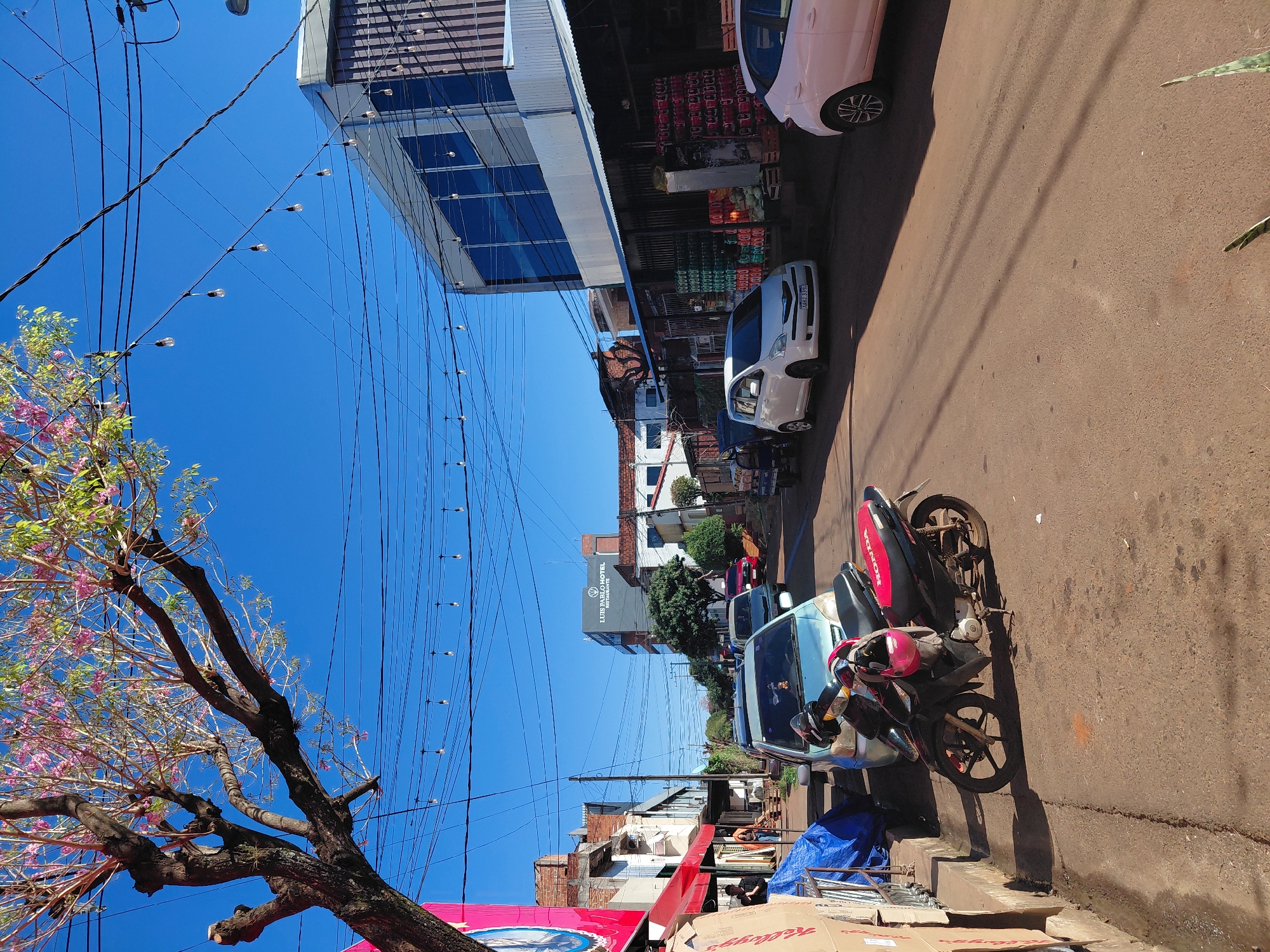 A street scene in Encarnación, Paraguay, on a sunny day, features a wide asphalt road with parked cars, a motorcycle, and buildings lining the sides. A bright pink flowering tree is prominent in the foreground on the left, with its branches extending towards the clear blue sky. String lights are suspended across the road. On the left side of the street, a building with red awnings and merchandise displayed outside is visible, along with boxes and blue tarps. A silver sedan is parked on the street, and a red and black motorcycle with a pink helmet on its seat is in front of it. Further down the street, a white hatchback is parked in front of a market stall displaying stacks of produce. A light pink car is parked on the right side of the road. In the background, a multi-story building with modern glass windows is visible, labeled "LUIS PABLO HOTEL RESTAURANTE." The street appears to be an active commercial area.