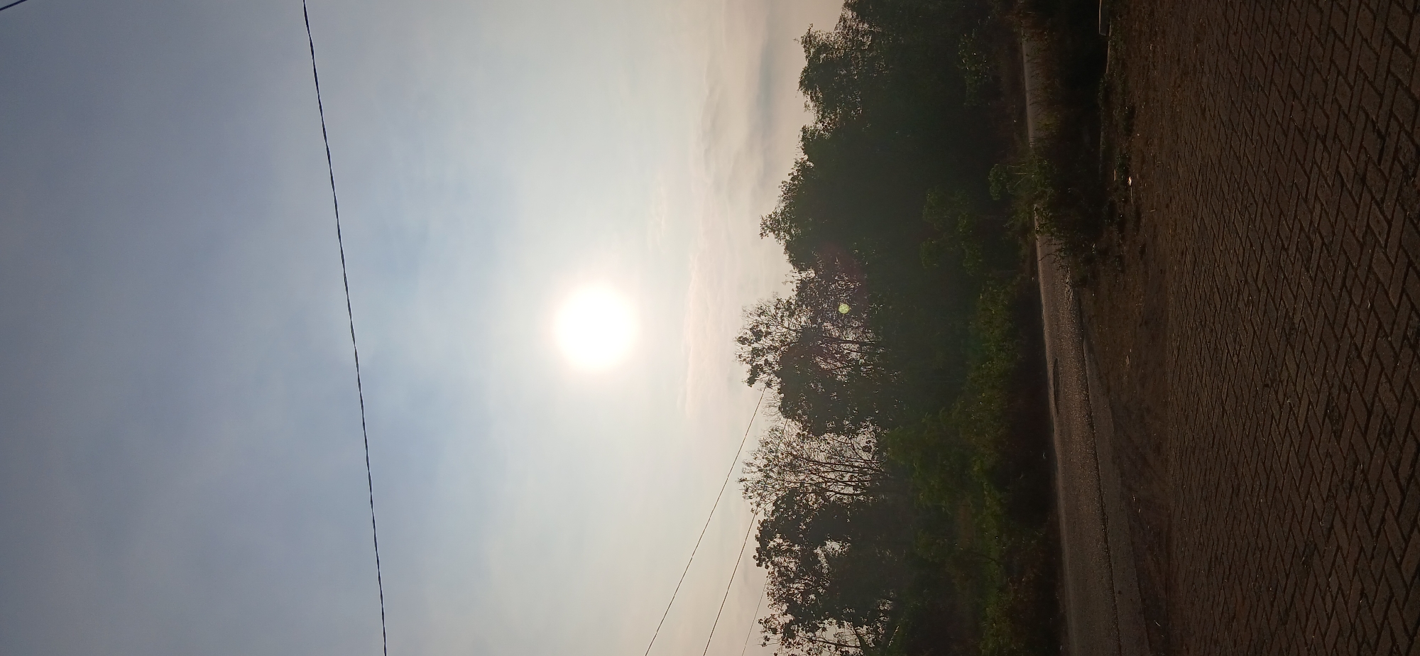 A full-frame, vertical shot captures a hazy, sunlit sky over a rural road in Locare, Indonesia. The bright sun, its halo diffused by atmospheric haze, is positioned in the upper center of the frame. Two thin wires stretch horizontally across the sky. Below the sky, a dense line of trees forms a dark silhouette against the bright background. The trees are varied in shape and density, with some appearing bare and others with foliage. A paved road runs horizontally across the lower half of the image, curving slightly from left to right. To the right of the road, a patch of dry, brown earth is visible, sparsely dotted with vegetation. In the foreground, a brick-patterned walkway extends across the bottom of the frame. The lighting suggests either early morning or late afternoon. There are no people or vehicles visible in the scene.