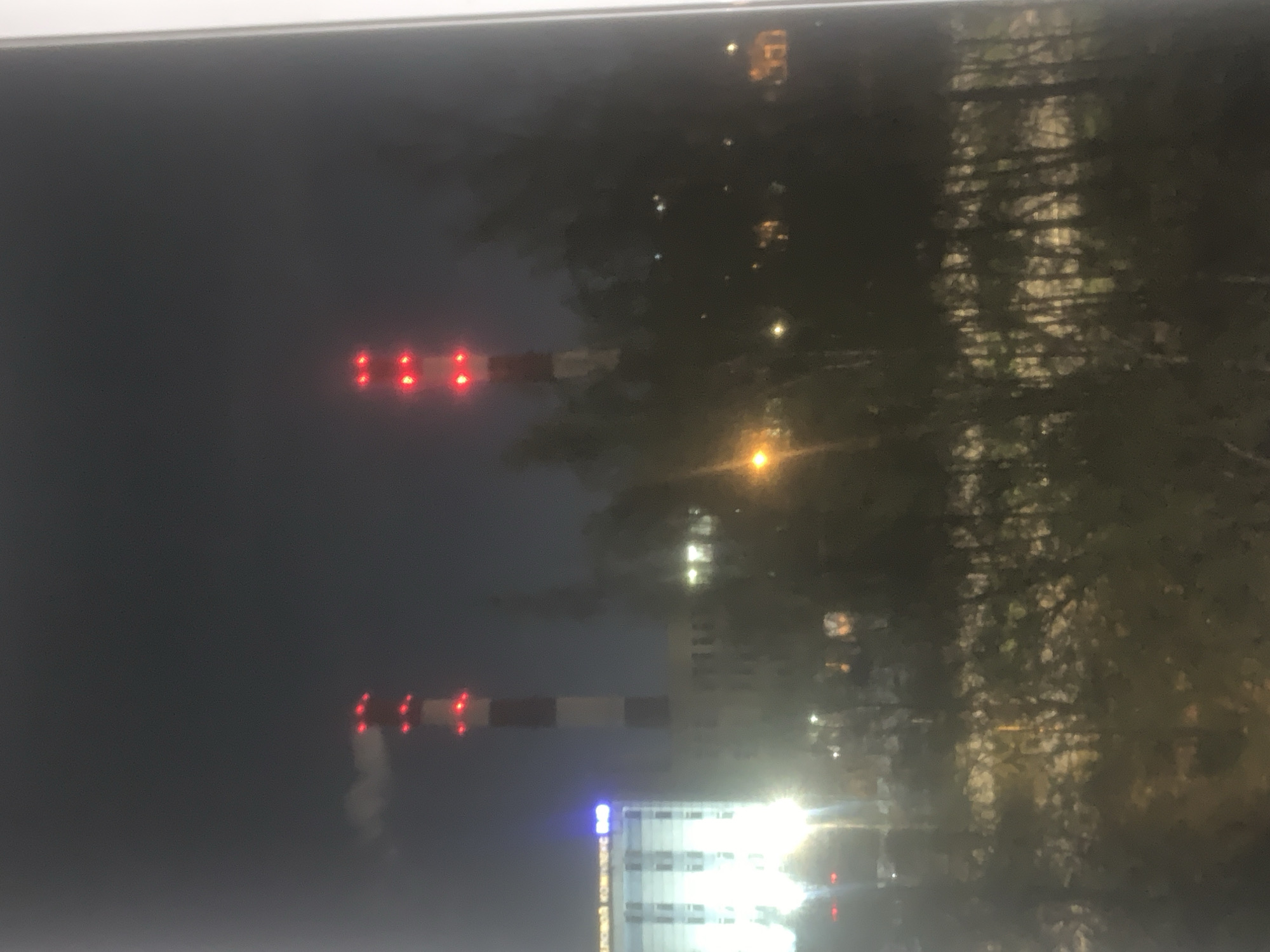 The image captures a nighttime urban or industrial scene in Vsevolozhsk, Russia. Two prominent industrial chimneys, characterized by alternating red and white horizontal bands, stand vertically against a dark sky. Both chimneys are equipped with multiple blinking red lights near their tops, likely aviation obstruction lights. The lower chimney on the right side of the frame shows a plume of white smoke or steam rising from its stack, indicating ongoing industrial activity, possibly from a power plant or heating facility.
In the background and mid-ground, various buildings are visible, illuminated by their internal lights or exterior lighting. One building in the foreground, towards the bottom right, features bright blue architectural lighting or a prominent sign at its top. Scattered yellowish streetlights and other white building lights dot the dark landscape. Dense foliage and trees, appearing as dark silhouettes, occupy the right side of the frame, their branches intermittently illuminated by ambient light. No people or specific events are visible, conveying a sense of quiet, industrial nighttime. There is no discernible text visible in the image.