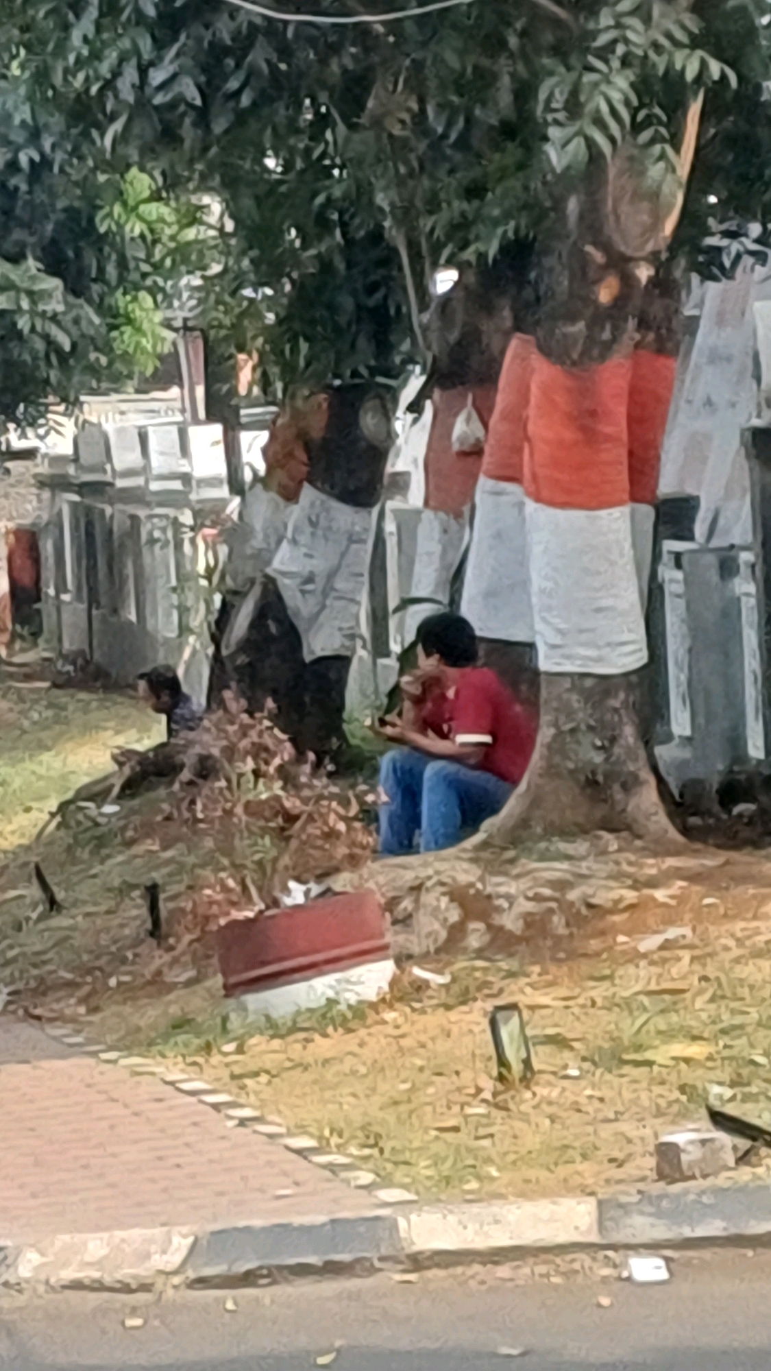 In Citeureup, Indonesia, a young person wearing a red shirt and blue jeans sits on the ground near the base of a large tree. The tree trunk is partially wrapped with red and white fabric. Several stone grave markers or pillars are visible in the background, suggesting a cemetery or memorial area. The ground is covered with dry grass and scattered leaves. A paved walkway with a curb runs along the foreground. Another person, partially obscured by vegetation and wearing dark clothing, is visible further back near the tree.