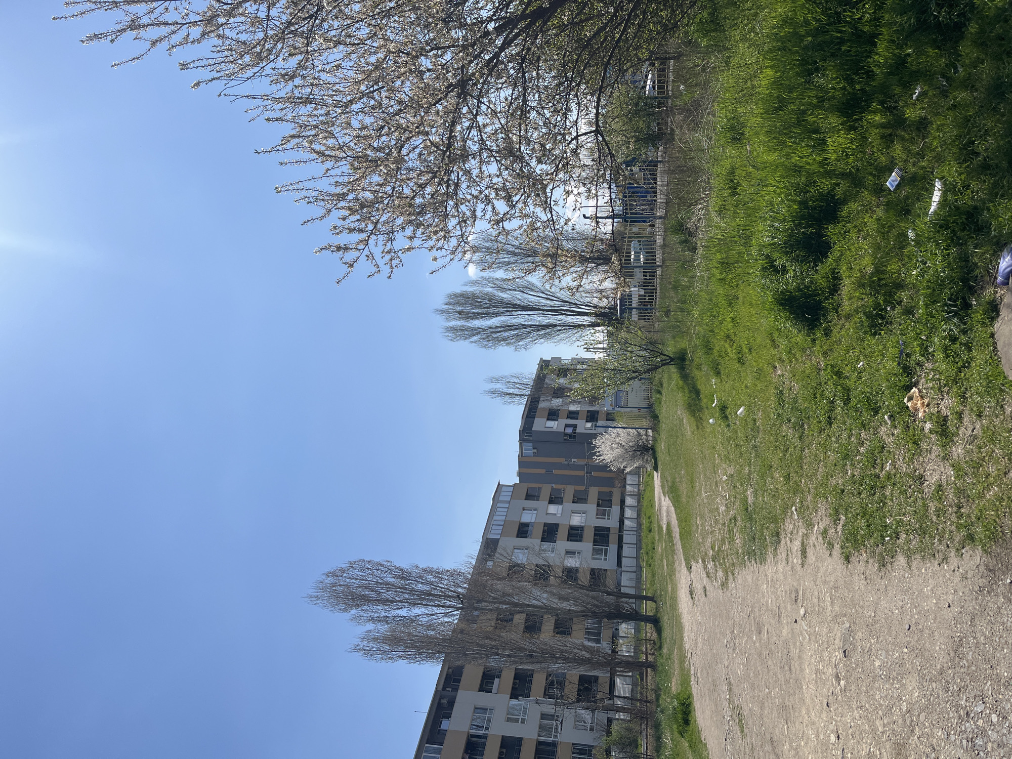 The image shows an urban landscape in Sofia, Bulgaria. The ground is dirt and gravel with patches of grass. Trash is scattered on the grass. In the background is a multi-story apartment building with a gray and beige facade. Trees line the pathway. A fence is visible in the midground. The sky is clear blue with the sun shining.