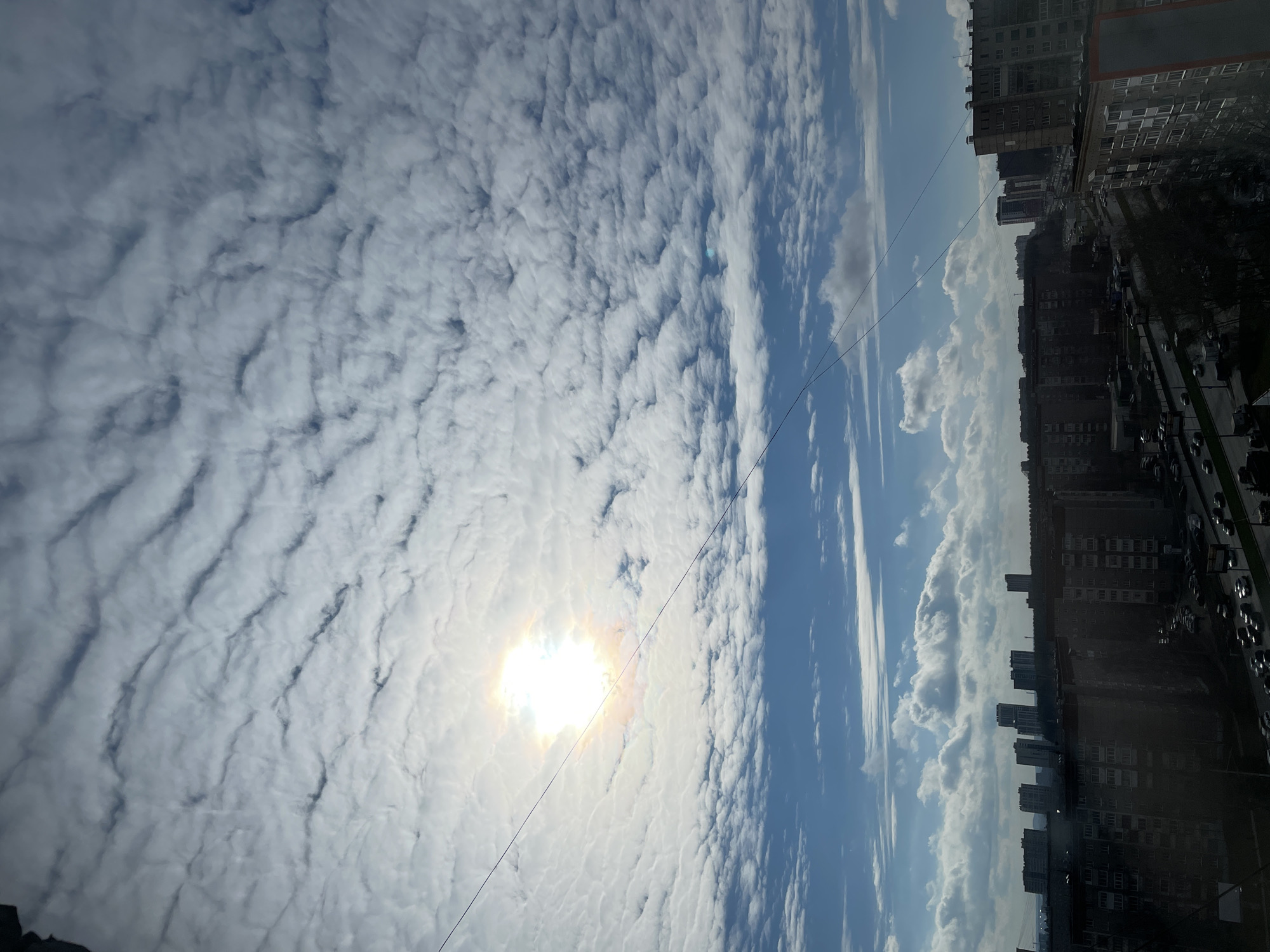The image, correctly oriented, displays a bright, daytime urban scene under a dynamic sky in Izhevsk, Russia. The majority of the frame is filled with a vast expanse of sky, dominated by intricate cloud formations. These white clouds exhibit a distinctive wavy or rippled pattern, resembling parallel bands or scales across the expanse, characteristic of altocumulus undulatus or stratocumulus clouds, often referred to as "mackerel sky." Patches of clear, bright blue sky are visible between these cloud structures. The sun, a brilliant and intense light source, is partially obscured by these clouds, creating a strong lens flare and a luminous halo effect towards the center-left of the sky. A thin, dark utility wire or cable stretches diagonally across the sky, passing close to the sun.
Below the horizon, the urban landscape unfolds. Numerous multi-story residential buildings, appearing as apartment blocks, line the street and skyline. Their architecture suggests a functional, possibly Soviet or post-Soviet style. A street runs in front of these buildings, populated with parked cars and possibly moving vehicles. Sparse trees, appearing bare or with minimal foliage, are visible along the street, hinting at a time of year such as late autumn, winter, or early spring. The bright, clear light indicates a mid-day setting. No individuals or discernible text are visible within the frame. The scene captures a clear, bright day in a typical Russian city environment.