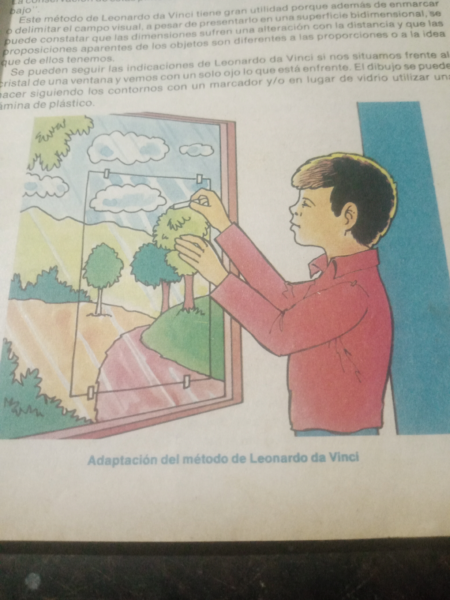 The image depicts a boy drawing a landscape through a window, a technique inspired by Leonardo da Vinci. The boy is shown in profile, wearing a red shirt and holding a marker. He is tracing the outline of the scene, which includes trees, hills, and a path, onto what appears to be a transparent surface or windowpane. The landscape itself is stylized and colorful. Below the illustration, the text "Adaptación del método de Leonardo da Vinci" is visible, indicating the method being demonstrated. The image is a page from a book or educational material. There is no information in the image or its context that relates to the city of Santa Ana, Venezuela.