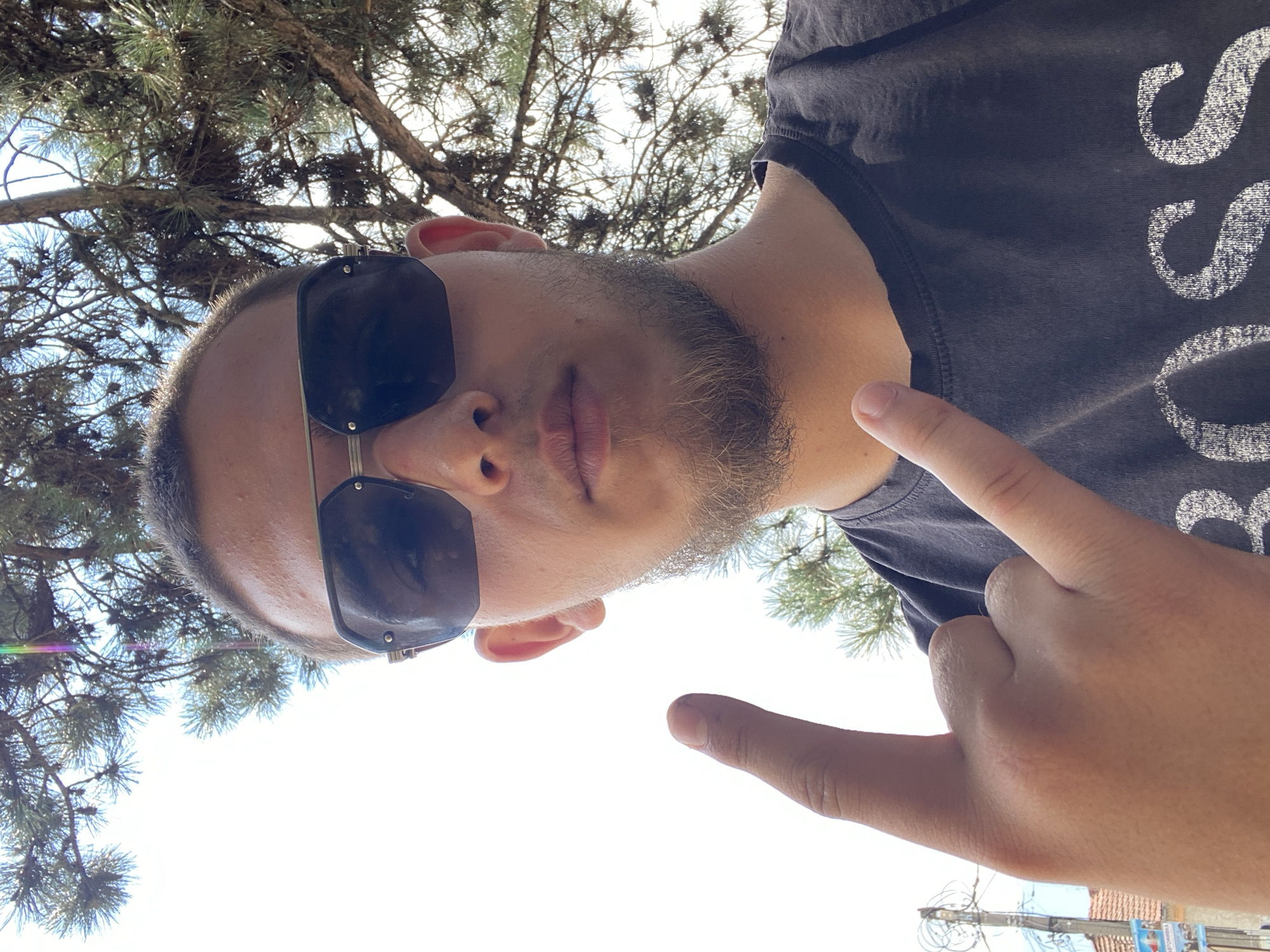 This is a selfie of a young man wearing sunglasses and a dark t-shirt with a "BOSS" logo, taken outdoors under a tree with pine needles. He is making a rock and roll hand gesture with his right hand, with his index finger and pinky finger extended. His left hand is partially visible, also holding up two fingers. The background shows a bright sky and some trees. To the left, a utility pole and a building with a red tile roof are visible, suggesting a semi-urban or rural setting. The scene appears to be set in Sennik, Bulgaria, possibly in a residential area or a park. The overall lighting indicates it is daytime.