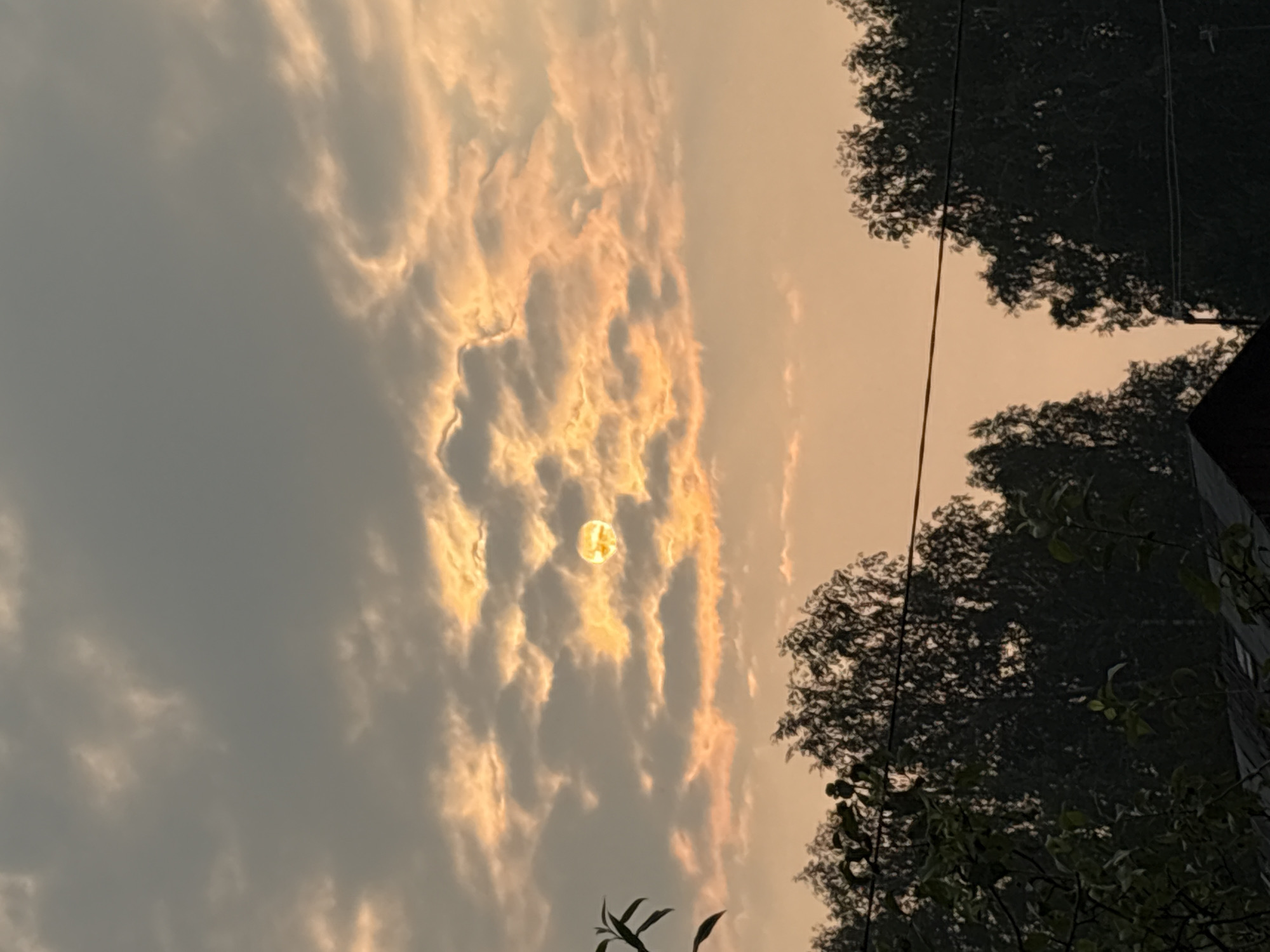 The image captures a sunset over a rural landscape, likely in Dubrovino, Russia. The sun is partially obscured by clouds, casting a warm, orange glow across the sky. The clouds themselves are varied, with some appearing thick and dark, while others are thin and translucent, allowing the sunlight to filter through. In the foreground, the silhouettes of trees are visible against the colorful sky, their branches reaching upwards. The tops of some buildings, possibly homes, are also discernible at the bottom of the frame. The overall atmosphere is serene and tranquil, indicative of a quiet evening in the countryside.