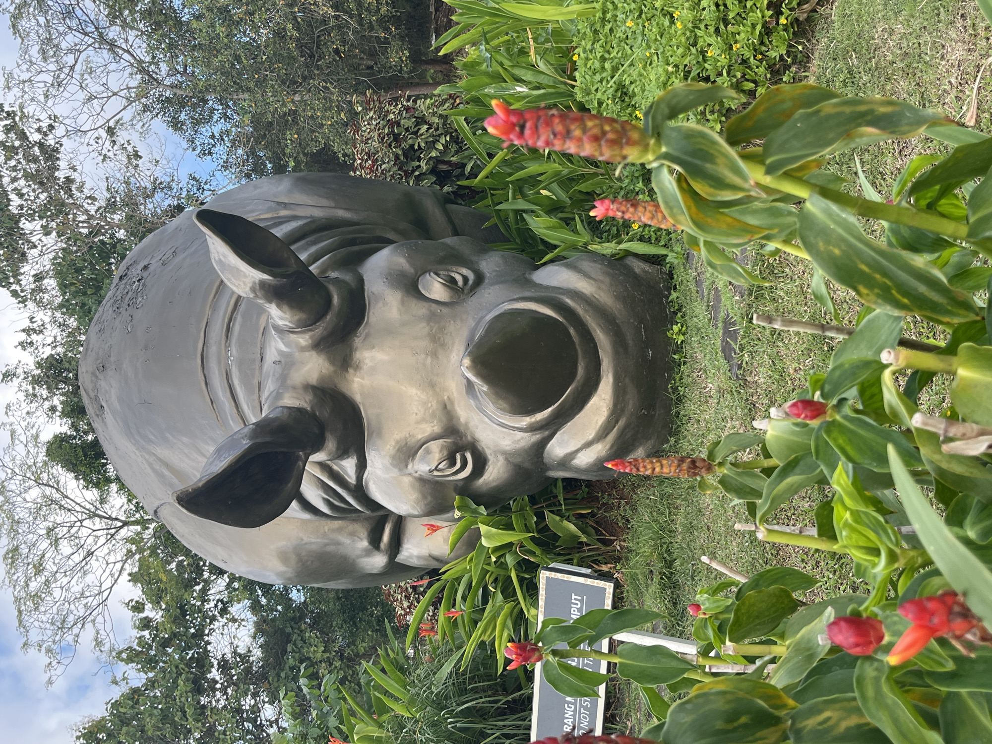 This is a medium shot, outdoor, eye-level photograph of a large rhino statue situated in a garden environment. The statue is made of dark grey material and is the central focus of the image, dominating the upper half. Its head is prominently featured, with large ears, eyes, and a mouth clearly visible. The statue is surrounded by lush green foliage, with several red flowers in the foreground. In the background, trees and a cloudy sky are visible. A sign is partially visible to the left of the statue. The location is identified as Kuta Selatan, Indonesia.