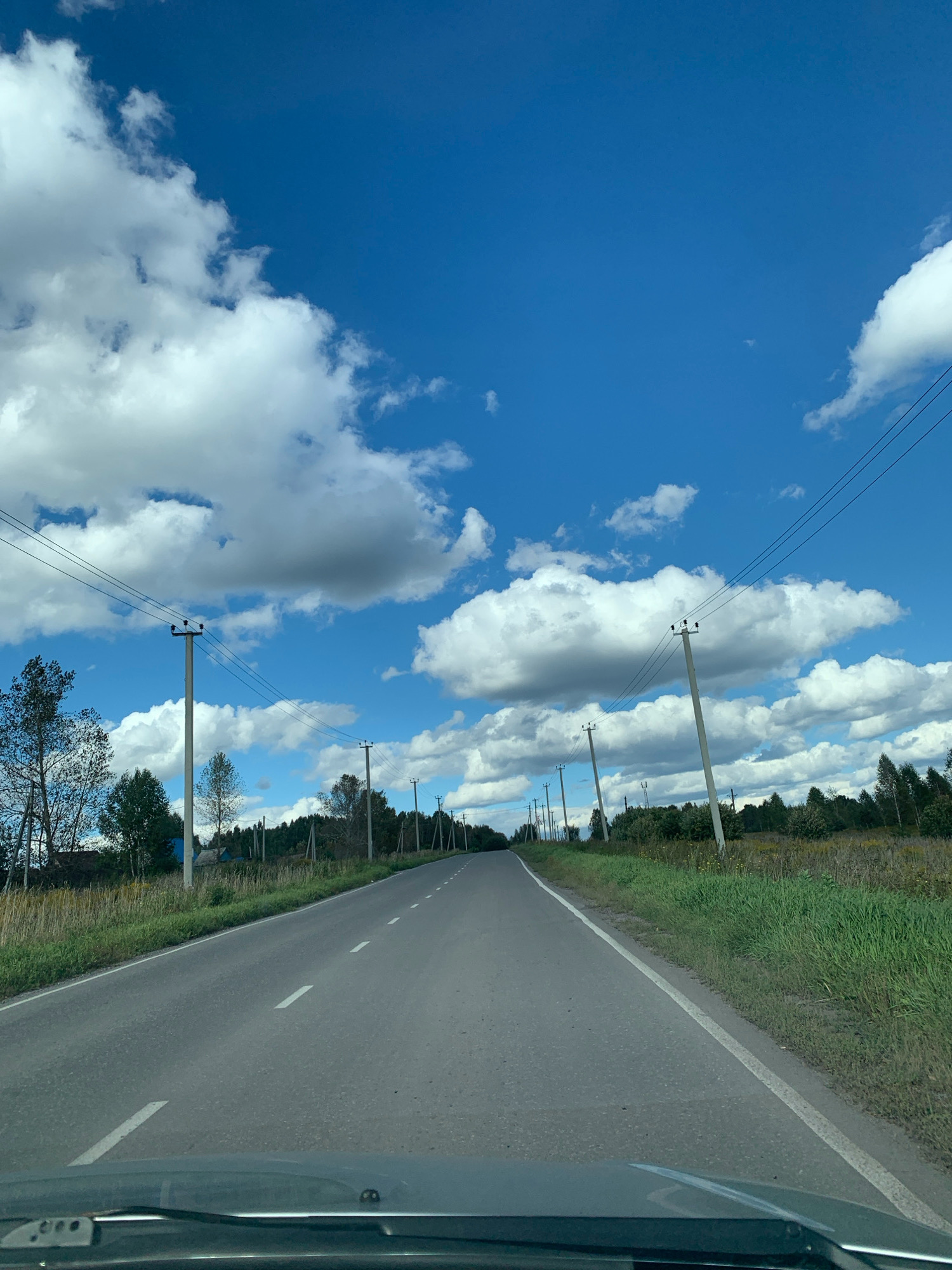 The image shows a paved road leading into the distance, bordered by green grass and trees. Utility poles with wires are visible along the side of the road. The sky is blue with scattered white clouds. The scene appears to be in a rural or semi-rural area. The location is identified as Bolshoy Kerlegesh, Russia. The image is taken from the perspective of someone in a vehicle, as the top portion of a car's dashboard and windshield wipers are visible in the foreground.