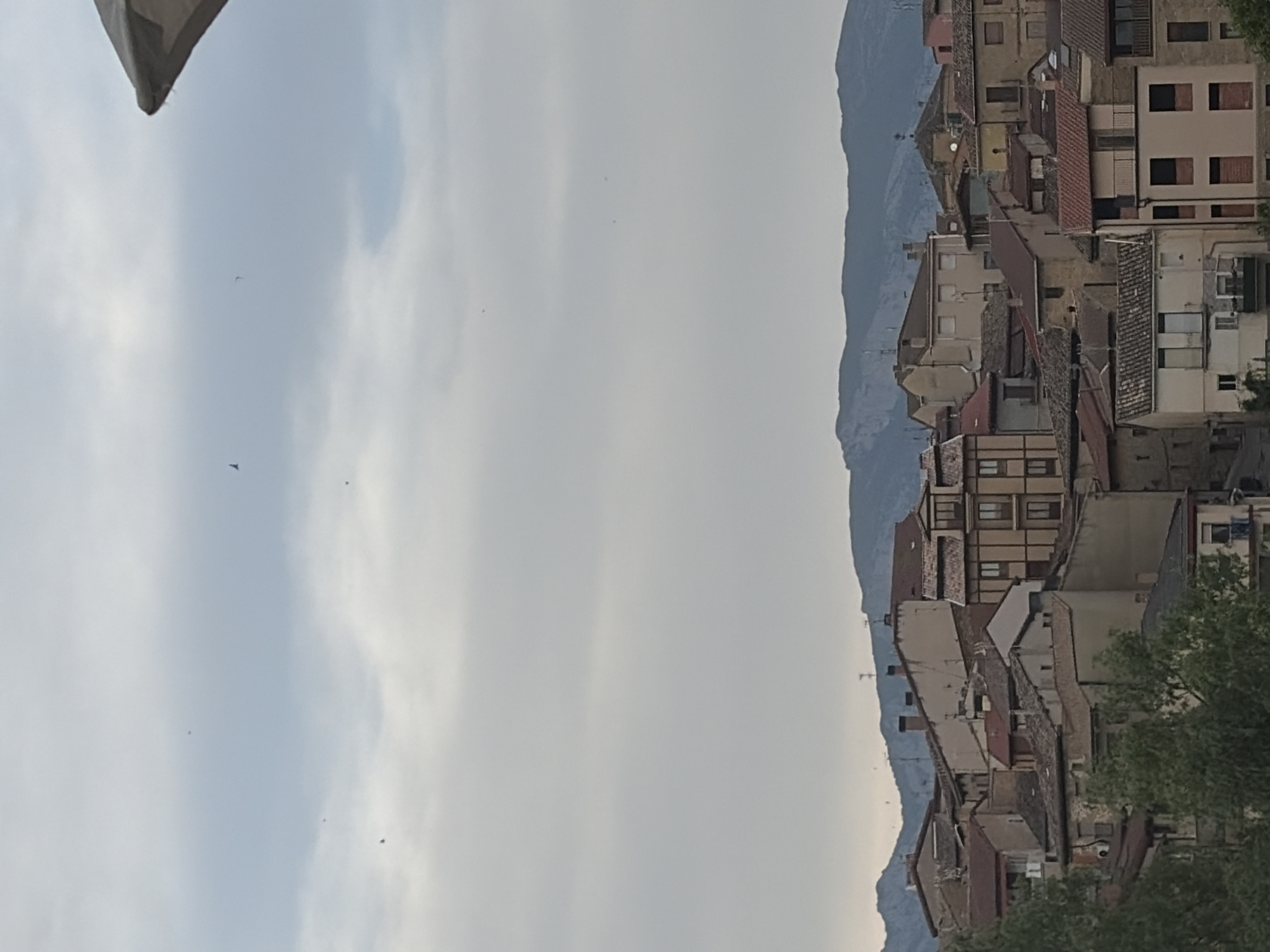 The image presents a view of the cityscape of Elciego, Spain. The town is densely built with multi-story buildings featuring a mix of red tile roofs and neutral-toned facades. Some buildings have visible windows and balconies. Mountains form the backdrop, creating a layered perspective. The sky is overcast with gray and white clouds. At the top left corner, a portion of a structure is visible, its purpose undefined. In the lower right, trees with green foliage partially obstruct the cityscape view. Small dark objects resembling birds are visible in the sky.