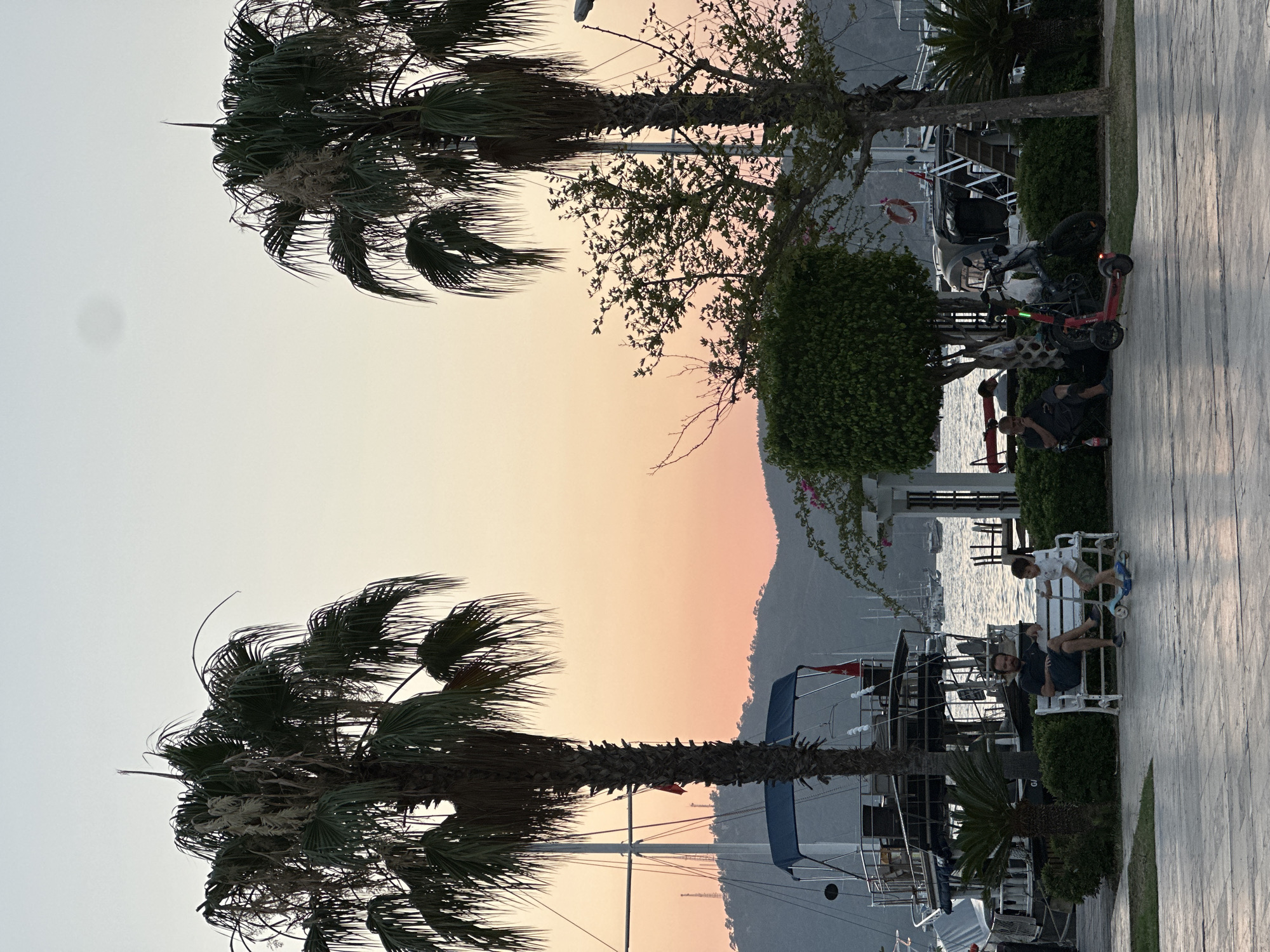 The image depicts a serene waterfront scene in Fethiye, Turkey, during dusk. Two large palm trees frame the view, with the sky transitioning from a pale blue at the top to a warm orange and pink near the horizon, suggesting either sunrise or sunset.
In the foreground, a paved walkway runs horizontally. To the left, a man and a young boy are seated on a white park bench. The boy is actively riding a blue scooter. They are positioned in front of a large, dark-colored boat docked at the harbor, which has a blue canopy. Dense green bushes line the edge of the walkway near the boat.
Further to the right, another person is seated in a chair under a tree. In front of this person, there is a red electric scooter. Behind the scooter and chair, more docked boats are visible, along with a life preserver hanging on a railing. The water of the harbor is calm.
In the background, rolling hills covered in vegetation are silhouetted against the colorful sky. Several other boats, including sailboats, are anchored or moored in the harbor, adding to the tranquil maritime atmosphere. The overall impression is one of peaceful evening activity by the sea.