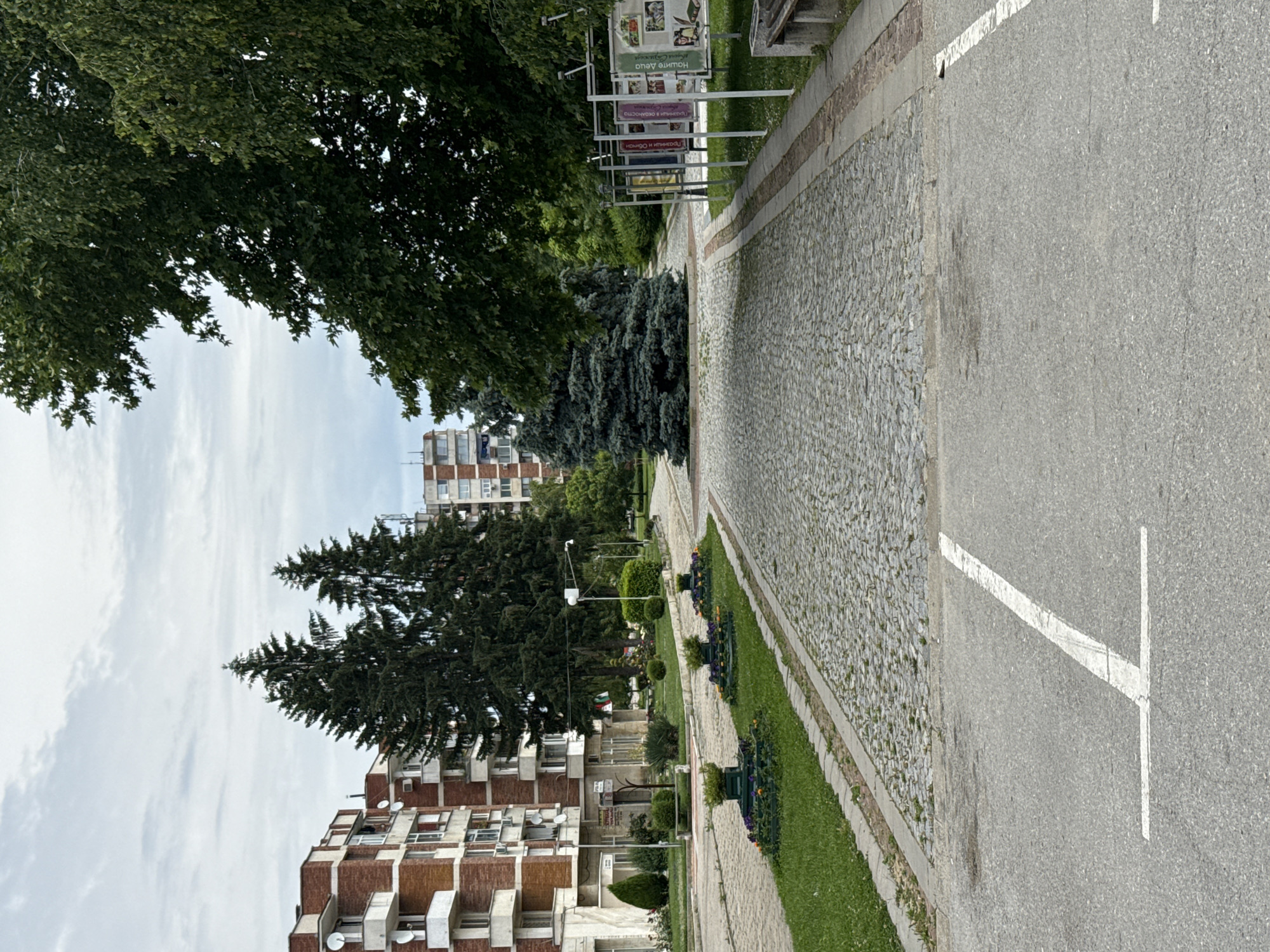 The image shows a street scene in Strazhitsa, Bulgaria. The street is divided into an asphalt road and a cobblestone walkway. A white painted parking line is visible on the asphalt. Along the walkway, there are grass patches with flower boxes, trees, and informational signs. Buildings, primarily apartment complexes, are seen in the background, adjacent to the trees lining the walkway. The sky is cloudy.