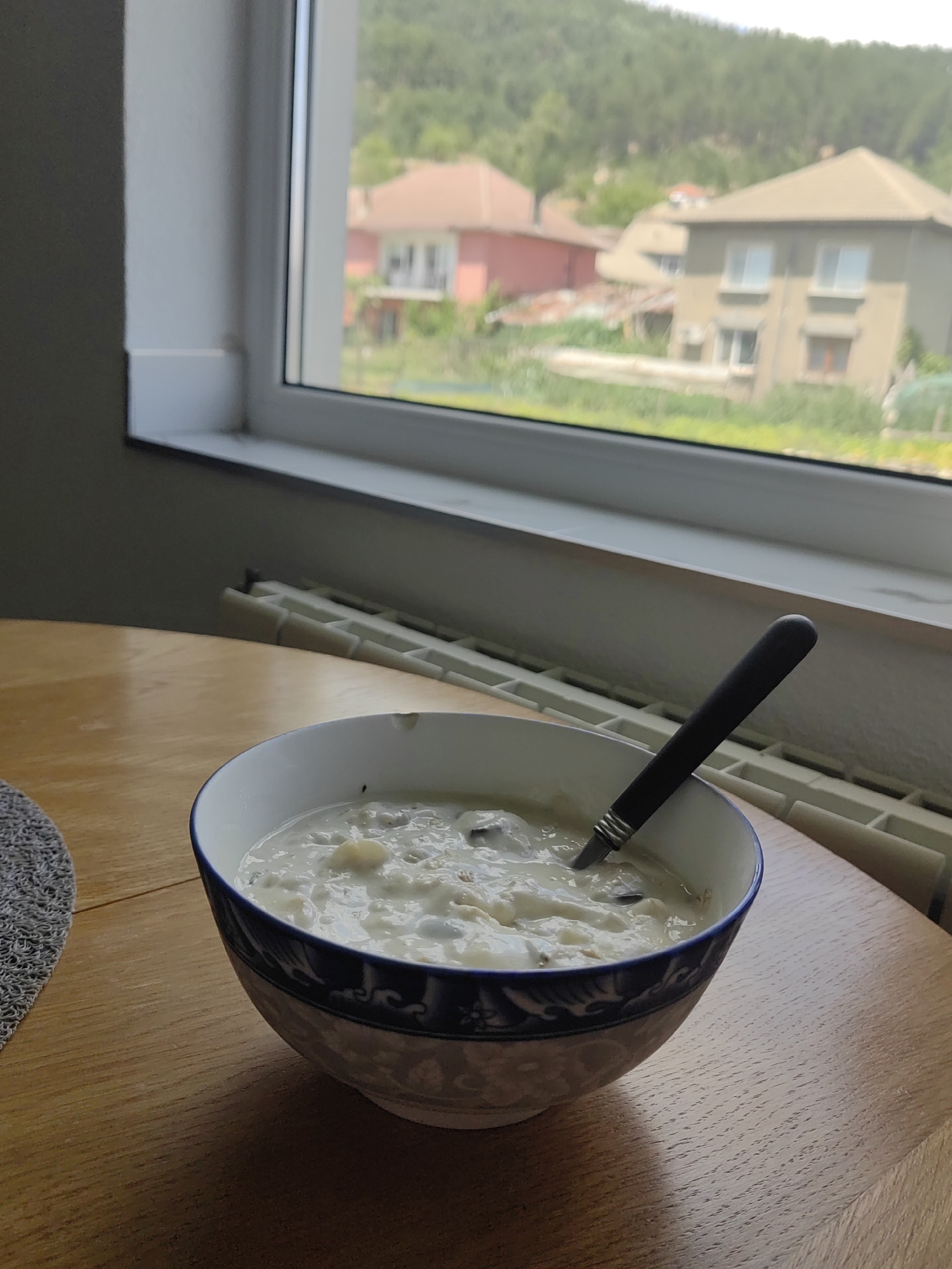 A close-up, eye-level shot shows a bowl of what appears to be yogurt or a similar creamy dessert with pieces of fruit or other ingredients, resting on a wooden table. A dark-handled spoon is partially submerged in the bowl. In the background, a window offers a view of a residential area with houses and a wooded hillside, suggesting the image was taken in Djerovo, Bulgaria. The setting appears to be indoors, with a radiator visible below the window.