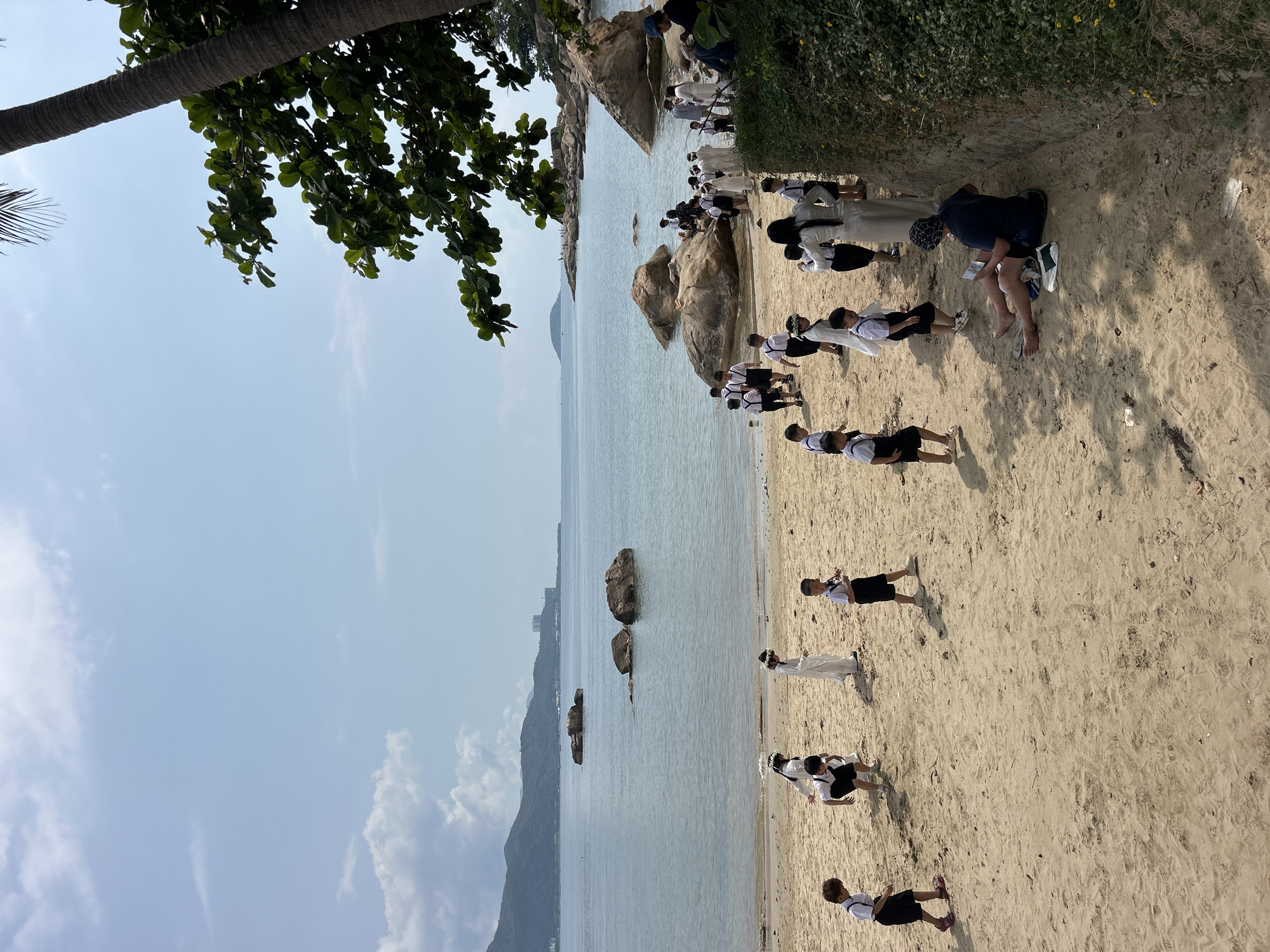 This image captures a lively scene on a sandy beach in Bắc Nha Trang, Vietnam, likely during a group outing or school trip. The wide shot reveals a coastal landscape with a calm sea on the right, a broad expanse of light-colored sand, and distant mountains on the left horizon.
A significant number of people, predominantly young individuals, are scattered across the beach. Many of them are dressed in what appears to be a uniform: white shirts with dark ties or collars, and dark skirts or shorts. They are standing in small clusters or lines, some looking towards the water, others engaged in conversation or observing their surroundings. An adult male is seen sitting on the sand closer to the foreground, looking down at an object in his hands. Other adults are visible further back among the groups, some also wearing white tops.
The beach itself features several large, smooth rocks both on the shore and partially submerged in the water, adding to the natural beauty of the setting. Green foliage, including the trunk and leaves of a large palm tree, frames the top left corner of the image, suggesting a lush, tropical environment. The sky is bright with a few scattered clouds, indicating clear and pleasant weather during the daytime, possibly late morning or early afternoon, given the visible shadows on the sand. There is no visible text in the image.