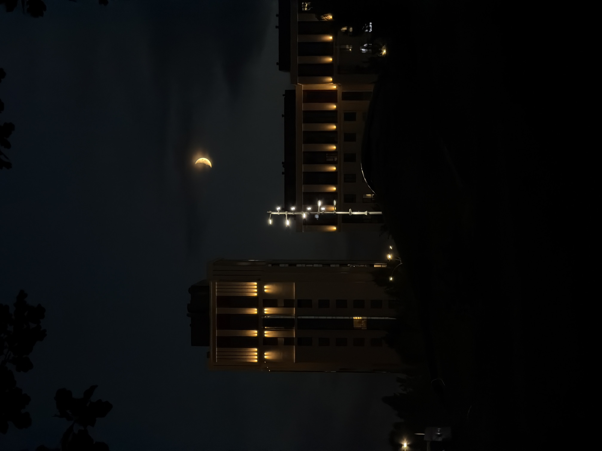 The image depicts a nighttime scene in Astana, Kazakhstan. In the upper right quadrant, a crescent moon hangs in the dark sky, partially obscured by wispy clouds. In the middle ground, two modern buildings with illuminated windows and architectural lighting stand out against the darkness. The building on the left is taller and features vertical bands of warm-toned lights. The building on the right is lower and wider, also illuminated with similar vertical lights. In the foreground, the silhouette of trees and foliage is visible against the illuminated buildings, with streetlights casting a faint glow. The overall impression is one of urban night, with the natural element of the moon adding a touch of celestial beauty.