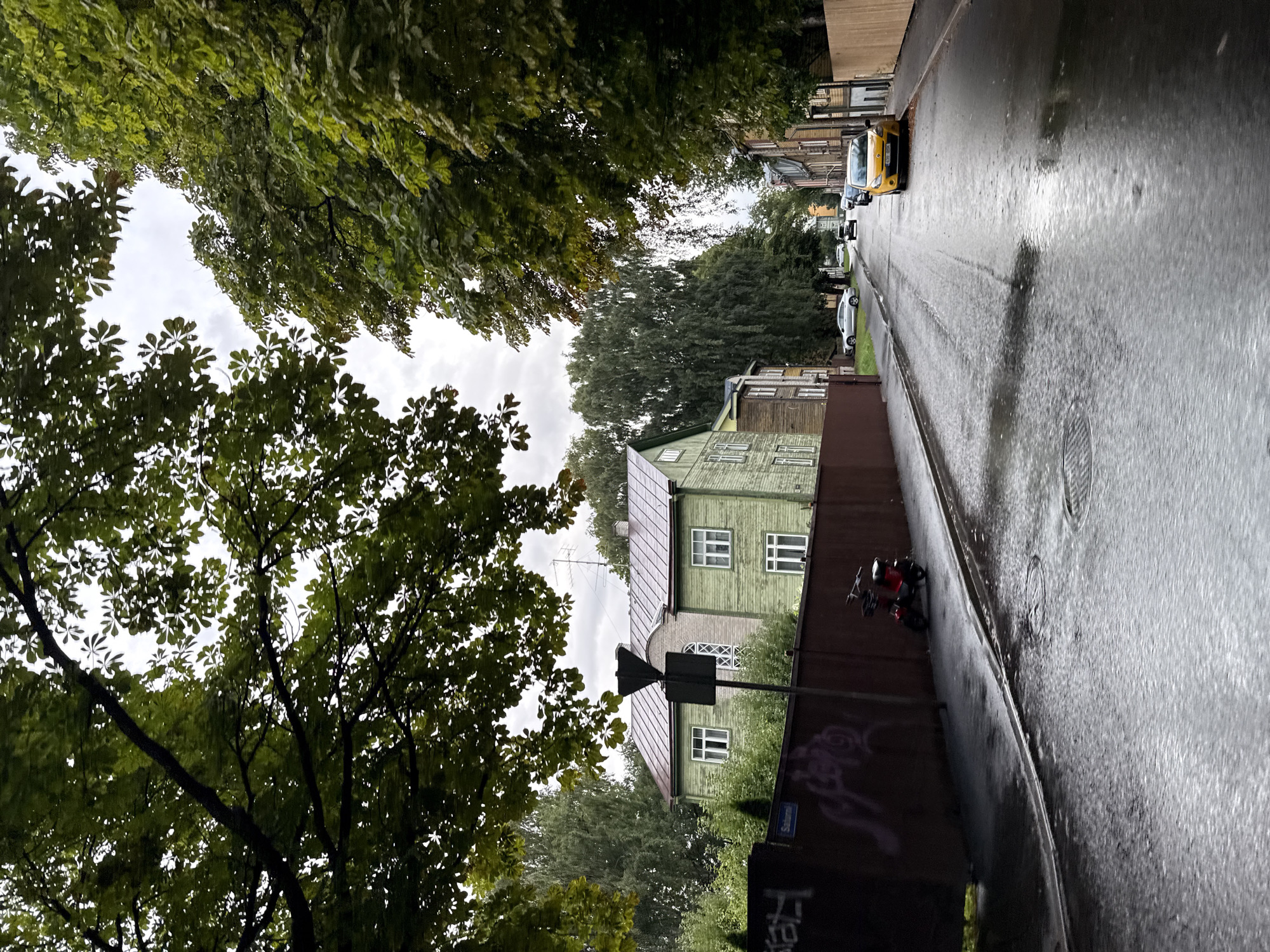 The image depicts a street scene in Tallinn, Estonia, on a cloudy day with wet pavement, suggesting recent rain. The street is lined with wooden houses and mature trees. In the foreground, a wet asphalt road curves slightly to the right. Several vehicles are visible: a red scooter parked on the sidewalk on the left, a yellow car parked on the right, and other cars further down the street. The houses are of a traditional architectural style, with some featuring green and brown wooden facades. On the left side, a dark brown wall with graffiti runs along the street, partially obscuring a green wooden house behind it. A street sign that reads "Saturnal" is visible attached to a pole in front of the sign. The overhanging tree branches with green leaves contribute to the somewhat enclosed feel of the street. The overall impression is that of a residential street in an older part of the city.