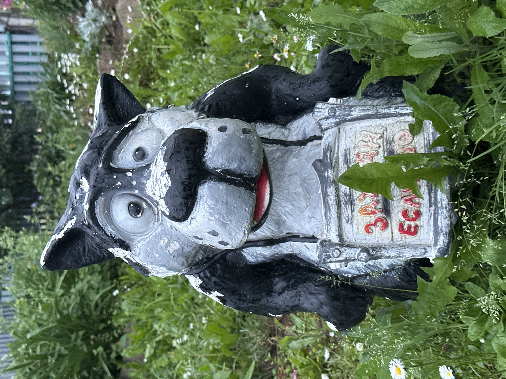 This is a close-up, eye-level, outdoor photograph of a weathered, cartoonish statue of a wolf in a garden setting. The statue is predominantly black and gray with peeling paint, and it is holding a sign with red Cyrillic lettering that reads "ЗАЯЦ И ЕСАУЛ" (Hare and Captain). The wolf statue has large, round eyes, a black nose with visible nostrils, and a red mouth. It appears to be wearing a dark vest or coat. The statue is positioned in the center of the frame, surrounded by lush green foliage and small white wildflowers. In the background, a blurred green fence and more dense greenery are visible. The lighting suggests it is daytime. The context of Mel'nichnaya, Russia, is not visually discernible from the image itself.