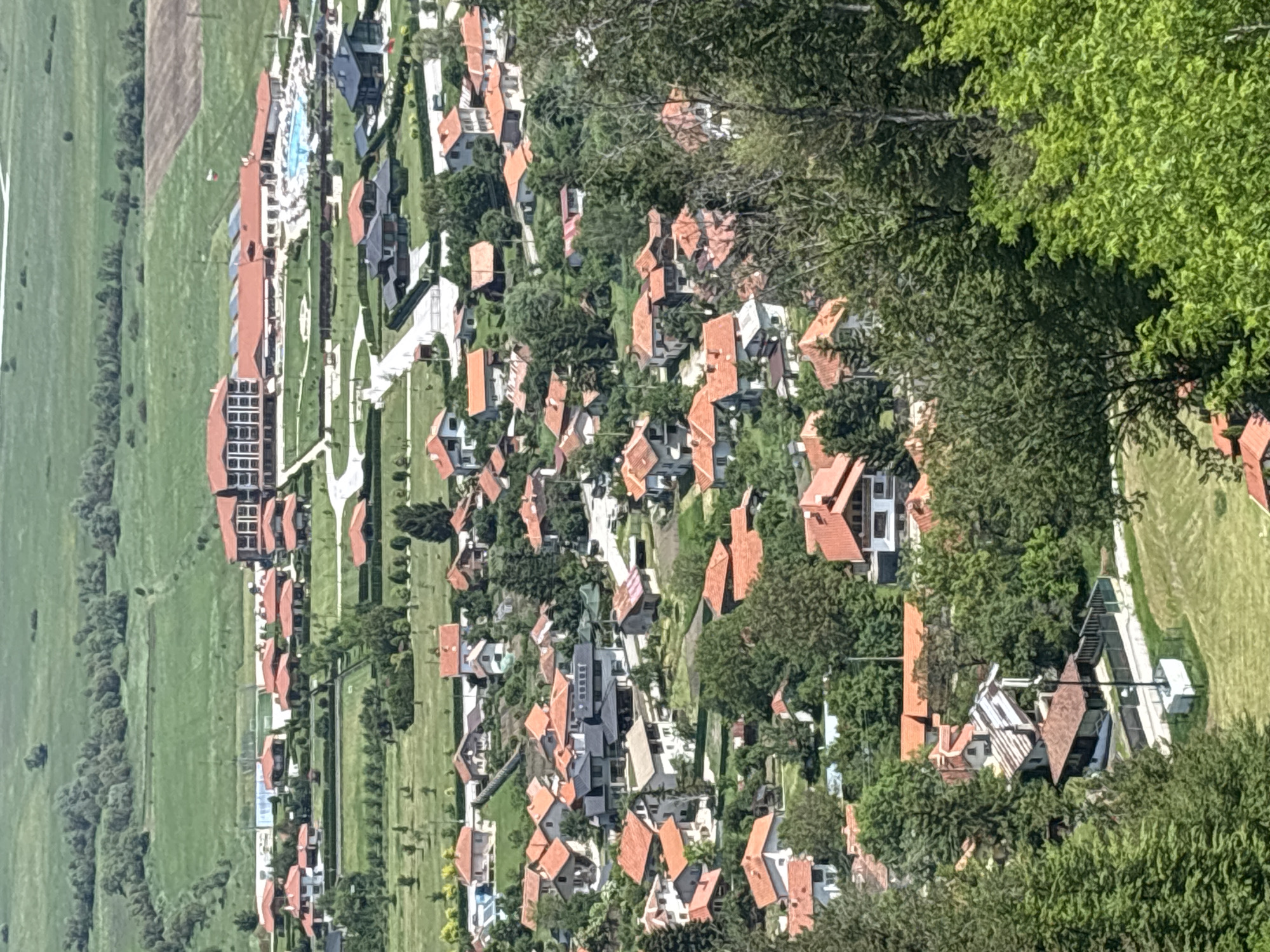 An elevated long shot depicts the settlement of Belchin, Bulgaria, nestled in a verdant valley under bright daylight. The scene is dominated by a mix of residential structures and a prominent resort complex, set against a backdrop of green agricultural fields and distant tree lines.
In the upper-center portion of the image, a large resort complex features multiple buildings with distinct red-tiled roofs. A multi-story main building with numerous windows and an adjacent elongated structure, possibly featuring solar panels or skylights, are visible. Several smaller, red-roofed villas surround these central buildings. An outdoor swimming pool with blue water, flanked by white sun loungers and umbrellas, is discernible. A flag with horizontal red, white, and green stripes, consistent with the Bulgarian national flag, flies near the main resort structure. The resort grounds are extensively landscaped with green lawns, manicured hedges, and paved pathways. Beyond the resort, expansive green fields, some showing signs of cultivation, stretch towards the horizon, interspersed with clumps of trees.
Below the resort, a dense residential area spreads across the mid-ground. It comprises numerous houses, predominantly featuring terracotta or orange-red tiled roofs. Some houses have darker grey or black roofs, suggesting varied architectural styles. Most residences appear to be multi-story. The properties are interspersed with mature green trees and bushes, and winding roads are visible connecting the houses.
The immediate foreground consists of dense, bright green deciduous foliage, indicating the image was captured from a heavily vegetated, elevated position. The tops of a few additional red-roofed houses are partially visible through the trees at the very bottom of the frame. No individuals are discernibly visible within the scene.