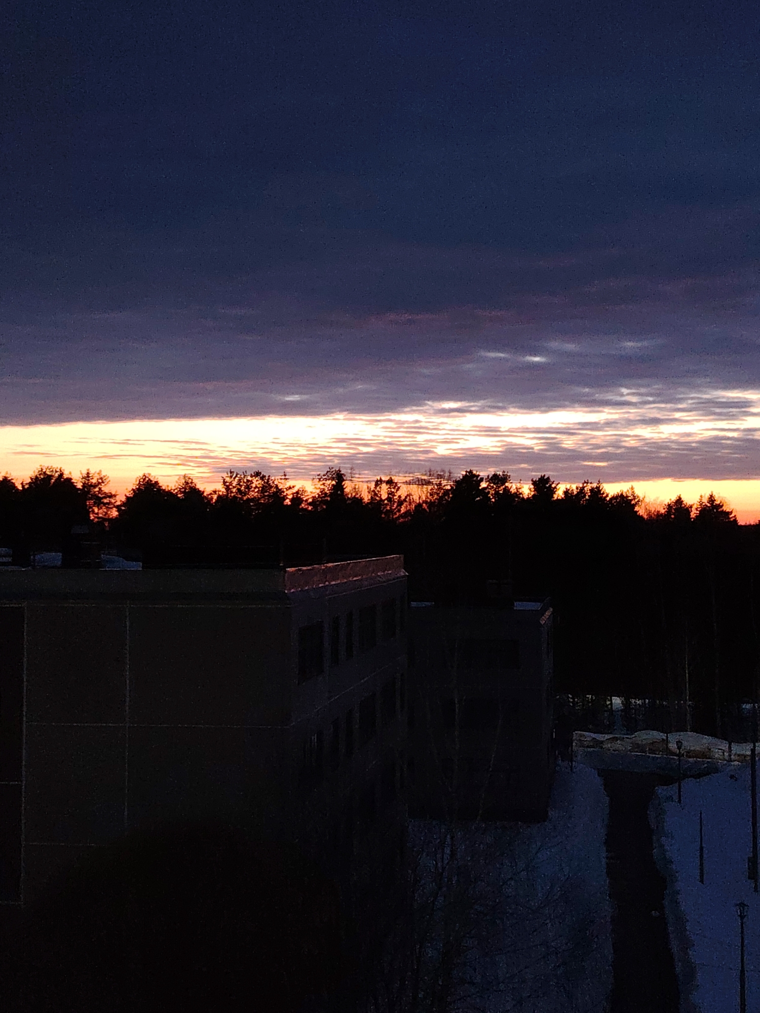 The image depicts an outdoor urban-forest landscape during either sunrise or sunset in the city of Марковский, Russia. The sky occupies the upper two-thirds of the frame, transitioning from a dark blue-purple at the top to a vibrant orange and yellow horizontal band along the horizon, indicating the sun's position. Overlapping this bright band are horizontal streaks of dark gray and purple clouds. Below the horizon, a dense, dark silhouette of trees, consistent with a forest, spans the width of the image. In the lower left and center, two multi-story buildings are heavily shadowed, appearing as dark masses against the brighter sky and forest. The building in the lower left has a flat roofline with a visible edge. The ground on the right side of the image is covered in snow, with a cleared pathway or road visible, bordered by higher snowdrifts. Several dark, slender streetlights are present along this pathway. No individuals, actions, or interactions are discernible.