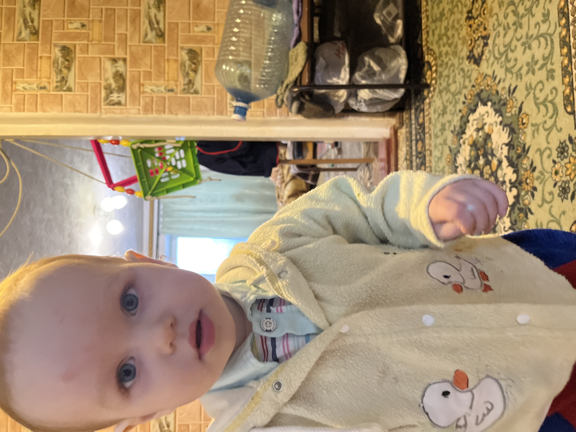 A baby with blond hair and blue eyes is looking directly at the camera. The baby is wearing a light yellow, fuzzy garment with cartoon duck appliqués and a button-down shirt.
The background includes a room interior with patterned wallpaper, a rug with floral and paisley designs, and various objects on shelves, including a large water bottle. A green, hanging baby swing is also visible.
The location is inferred to be in the city of Сосново, Russia.