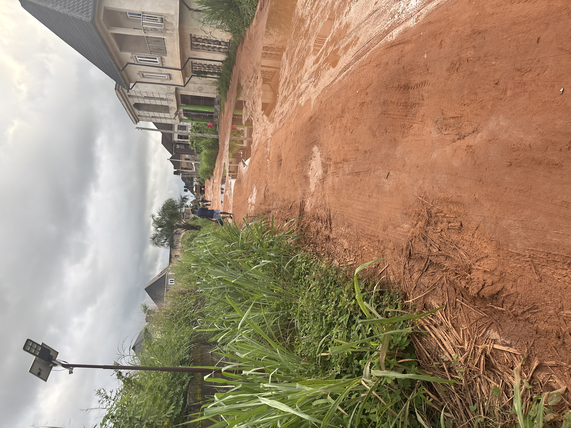 This is a photograph of a street in Obosi, Nigeria, following recent rainfall. The unpaved road is composed of reddish-brown dirt and is heavily puddled with muddy water, reflecting the overcast sky and surrounding buildings. Tire tracks are visible in the wet mud, indicating vehicle passage.
To the left of the road, tall green grass and other vegetation grow densely. A tall street lamp with a solar panel is positioned at the far left of the frame. In the middle distance, two individuals are walking away from the camera down the road. One person, wearing a dark blue shirt and light-colored shorts, carries a dark object over their shoulder.
On the right side of the street, several multi-story buildings with tiled roofs and balconies are visible. Some of these buildings appear to be under construction or recently completed, with unfinished exterior elements. The cloudy sky suggests continued damp conditions.