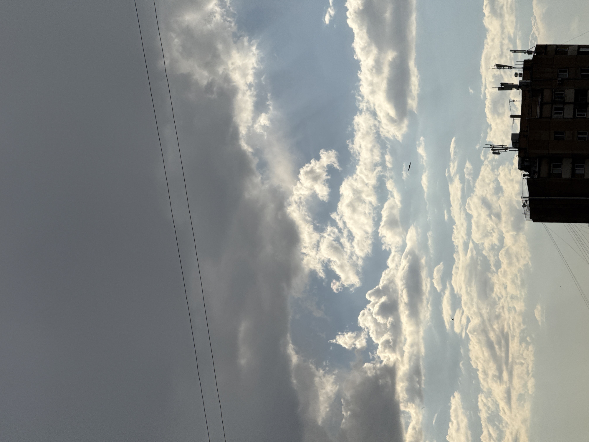 This media file depicts a cloudy sky with a tall, dark building on the right side. The sky is divided into two sections: a dark, overcast area on the left, and a brighter, more scattered cloud formation on the right, with patches of blue sky visible. The clouds are illuminated by sunlight, creating a dramatic contrast between light and shadow. A silhouette of a bird in flight is visible in the upper right portion of the frame, near the building. The building itself appears to be an apartment complex or office building, with multiple windows and various antennas or communication equipment on its roof. Two parallel power lines are visible in the foreground, crossing the frame from bottom left to top right. The scene is likely set in an urban environment, given the presence of the building and power lines. The time of day appears to be late afternoon or early evening, as suggested by the low angle of the sun and the dramatic lighting on the clouds. The weather seems to be changing, with a mix of overcast conditions and clearer patches. No visible text is present in the image.
