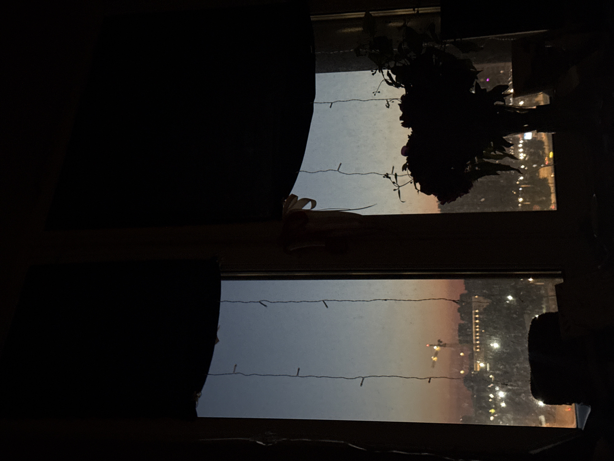 The image, rotated 90 degrees counter-clockwise from its original orientation, provides an intimate view looking out from a dimly lit interior through a window at twilight or early night.
In the foreground, dark, soft fabric, likely curtains or blinds, heavily frames the left side of the upper window pane and partially intrudes from the bottom-right onto the lower pane. To the right of the upper pane, a dense, dark silhouette of a plant or floral arrangement, possibly with small purple details, is visible. A light-colored bow-like object rests on the windowsill below the upper pane.
The window itself comprises two main panes, separated horizontally by a dark frame element. Strings of small, unlit fairy lights are draped horizontally across both panes, adding a decorative element. The glass shows some smudges or dust.
Beyond the window, the sky transitions from a pale blue at the top to soft orange and pink hues along the horizon, characteristic of dusk or just after sunset. Below the sky, an urban or suburban landscape is illuminated by numerous artificial lights. Blurry clusters of lights in the upper-right suggest distant city structures or streets. The lower window pane reveals a tall building with a distinctive vertical line of evenly spaced yellow lights in the middle-right. To its left, a crane or similar tall structure with red and white lights is faintly visible.
The scene conveys a sense of quiet observation from an interior space as night falls over an illuminated city. No specific activity is taking place. There is no visible text in the image. The setting is an unknown location in Russia.