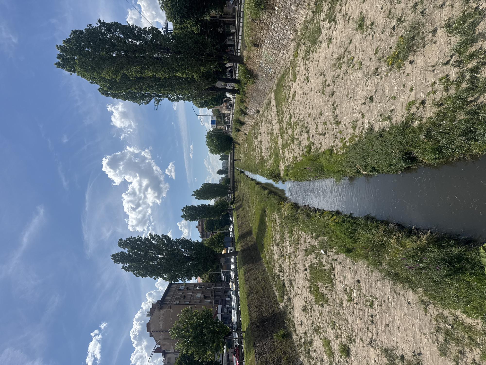 The image shows a view of the Perlovska River in Sofia, Bulgaria, under a partly cloudy sky. A narrow, dark stream of water flows through a wide, dry, and rocky riverbed. The sides of the riverbed are lined with dry grass and some scattered green vegetation, with a retaining wall made of stones on the right bank. In the background, across a road lined with trees, are multi-story buildings, including a brown apartment building on the left and other urban structures. Traffic, including cars and a bus, is visible on the road. Tall, slender trees stand on the right bank of the river.