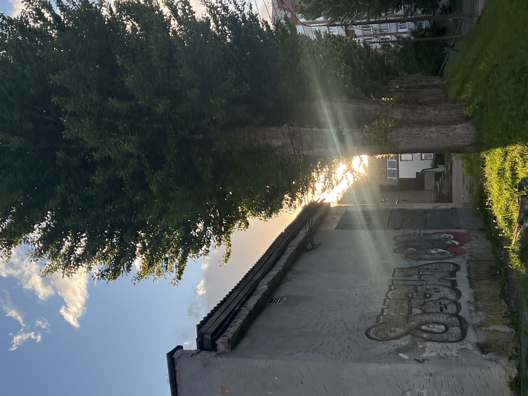 The image depicts an outdoor scene in Ternopil, Ukraine, where sunlight is shining through trees onto a building with graffiti. The building is gray with a dark roofline. The graffiti is located on the lower part of the wall. A grassy area is on the right side of the image. Buildings and a blue sky with white clouds can be seen in the background.